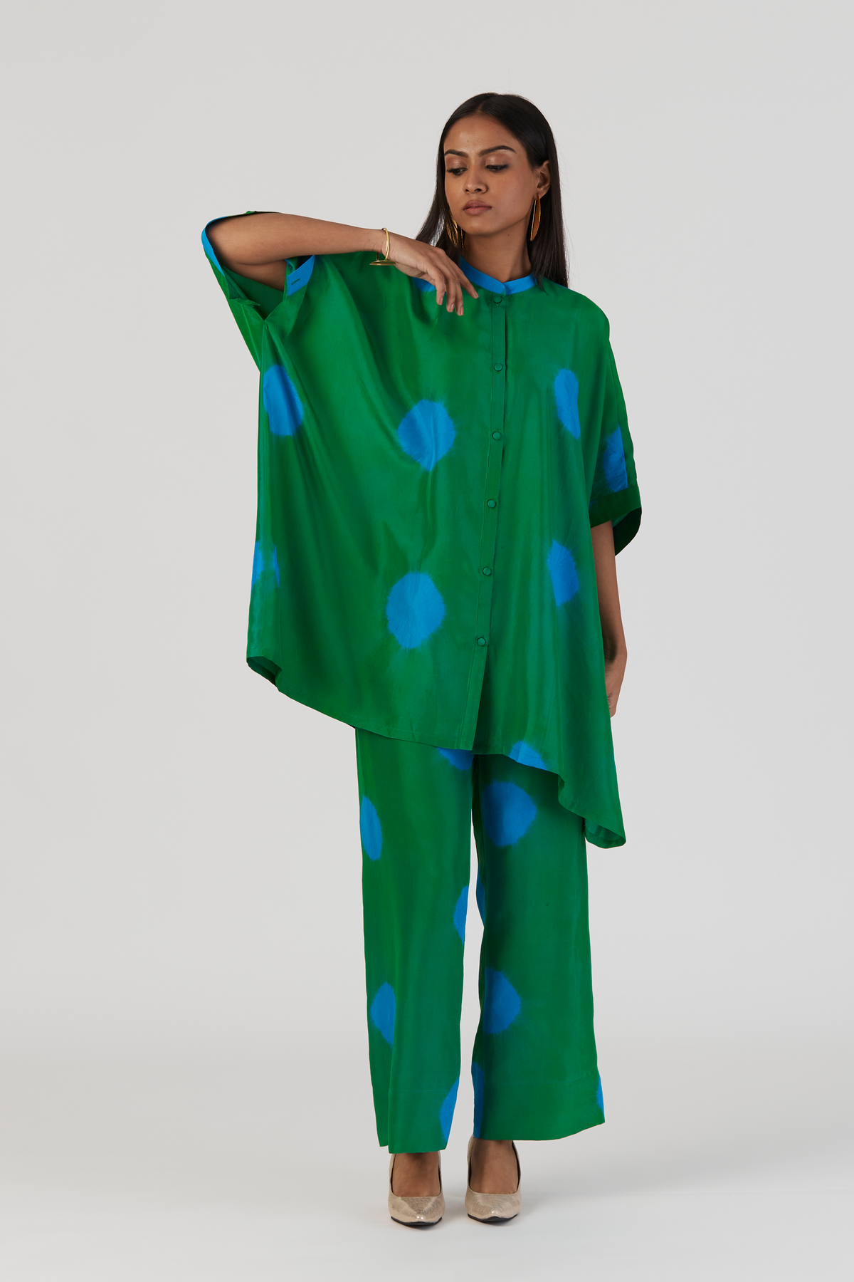 Green Tie-Dye Silk Kaftan Set