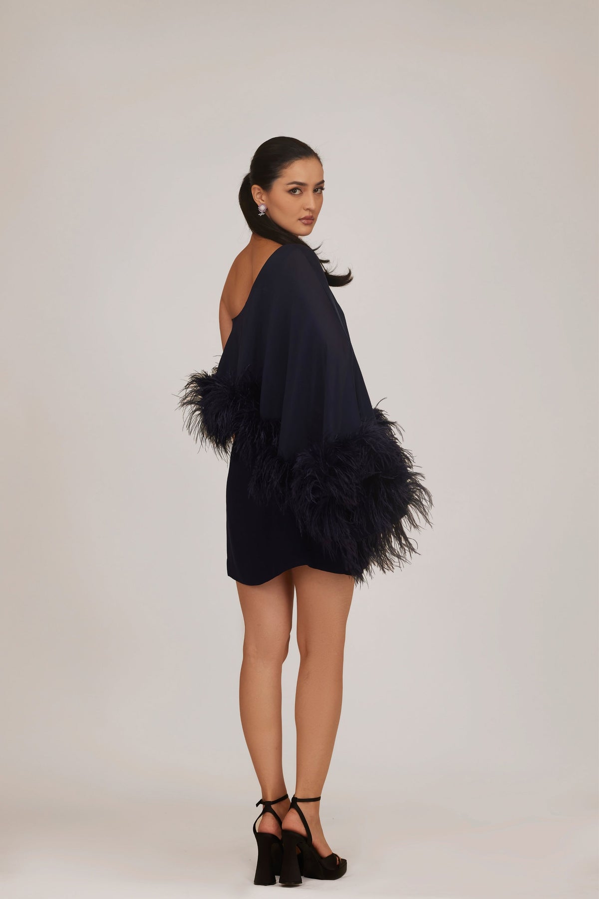Feather Asymmetric Cape Dress