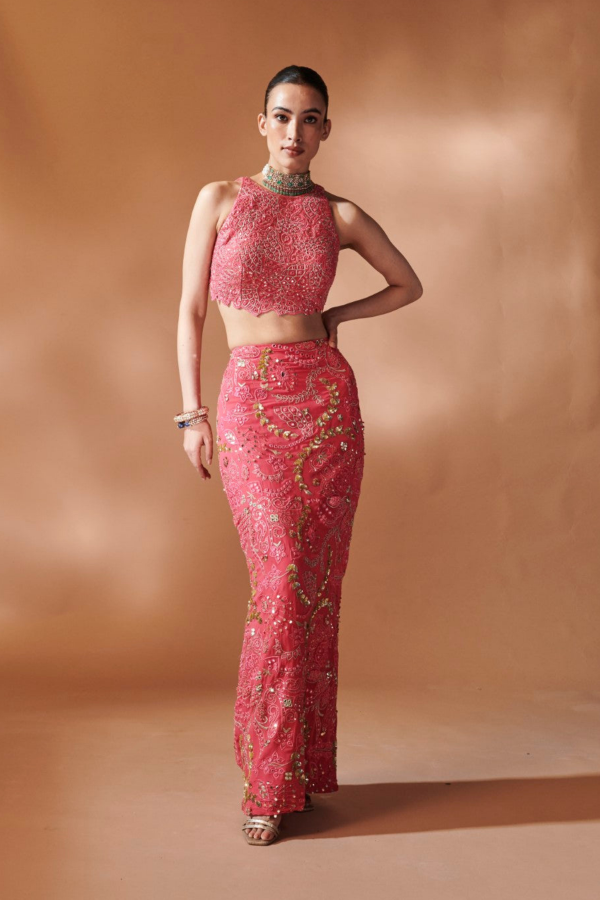 Pink  Skirt With An Incut Blouse