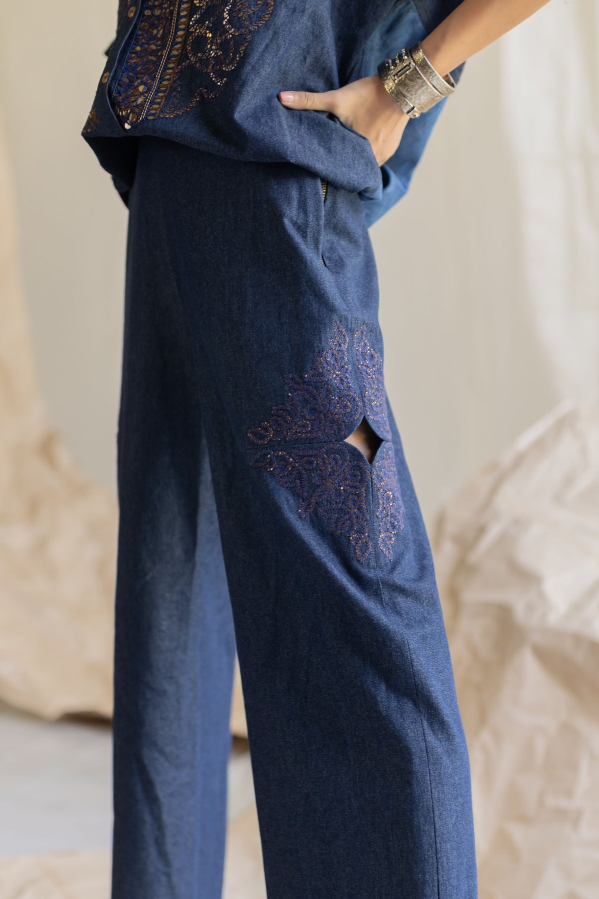 Side Cut Embroidered Denim Pant