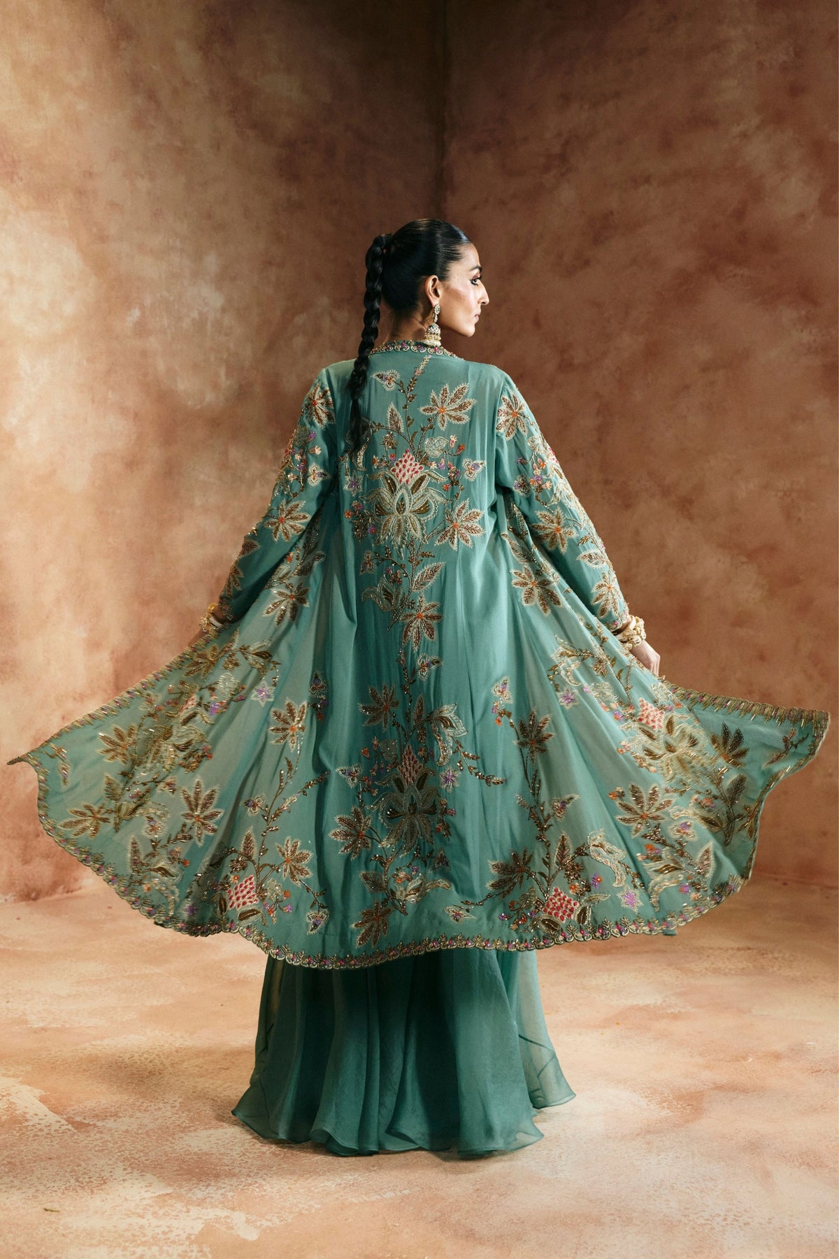 Coral Blue Sindh Zardozi Jacket Set