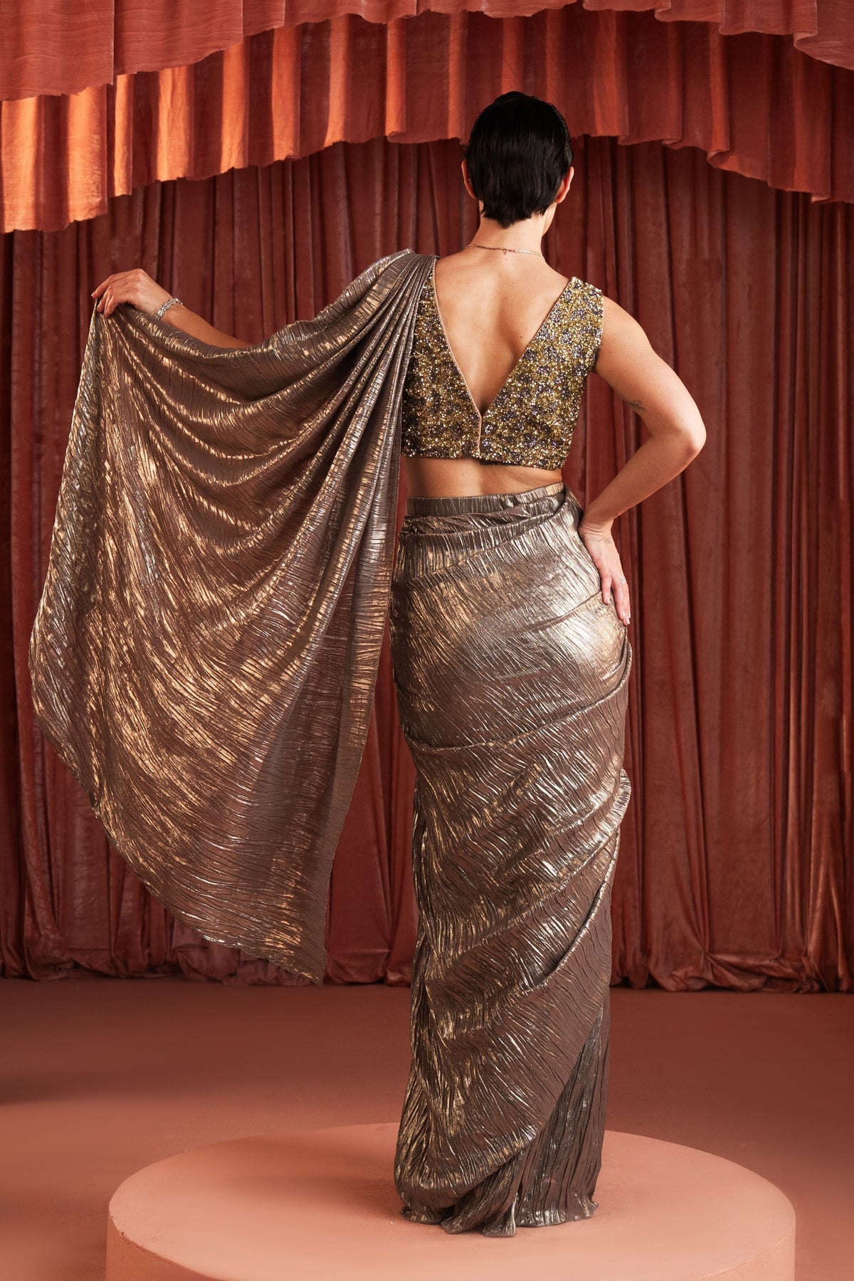 Silver Beaded Draped Saree Set
