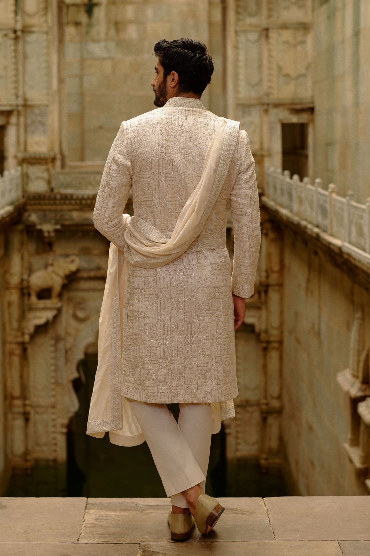 Beige Raw Silk Sherwani Set