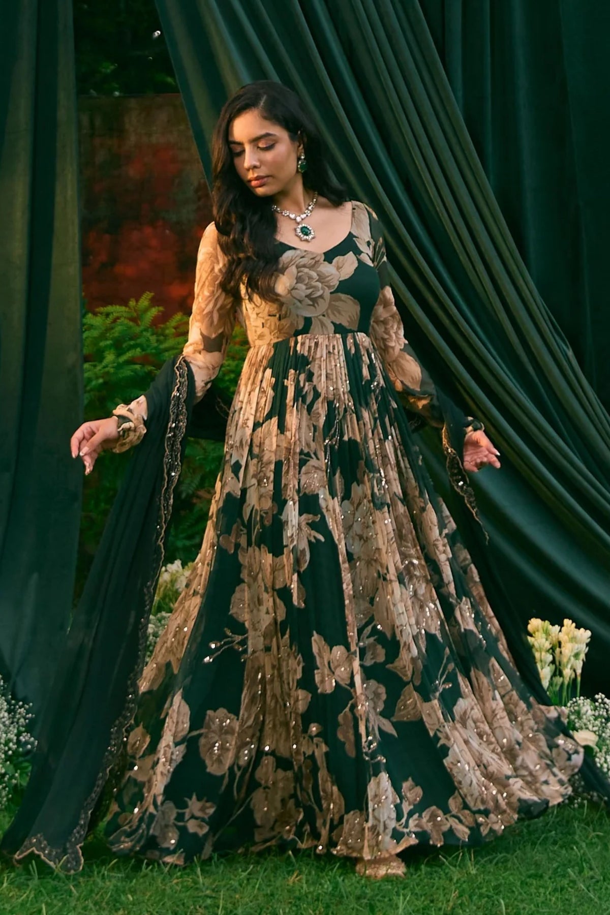 Teal Green Floral Anarakali Set