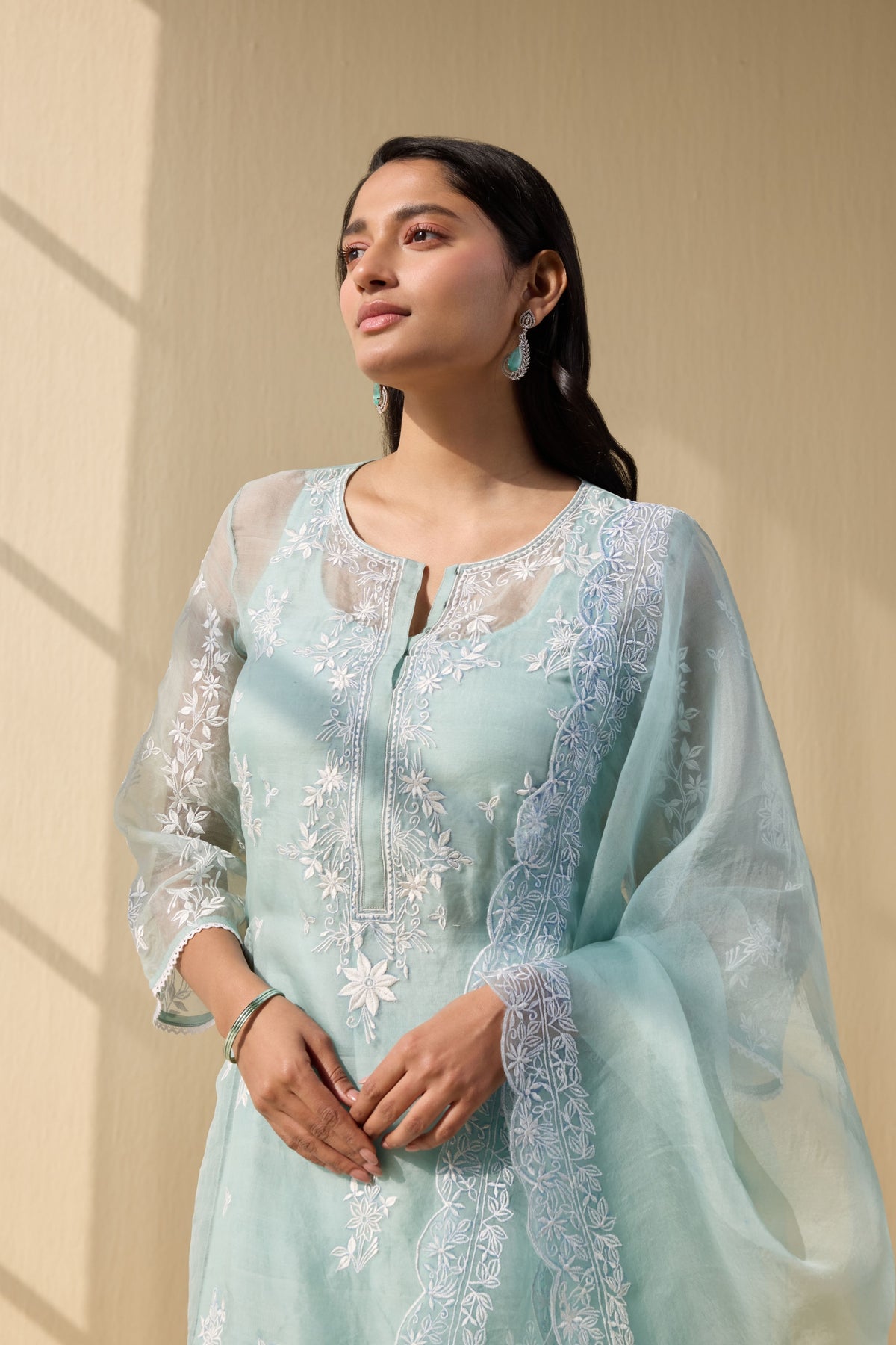 Powder green Embroidered Organza Suit