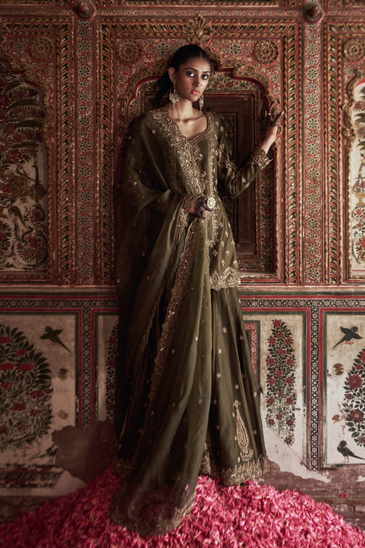 Olive Green Chanderi Silk Sharara  Set