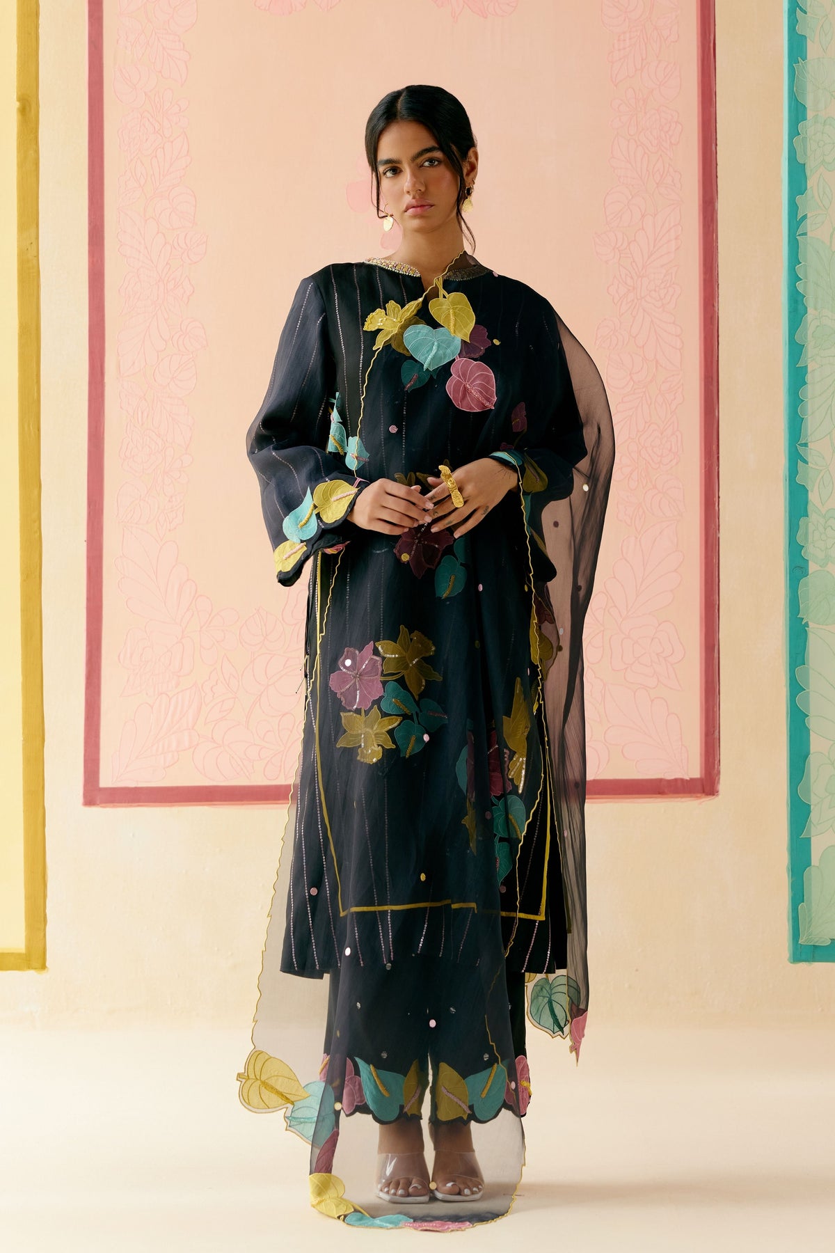 Rainbow Rose Black Kurta Set