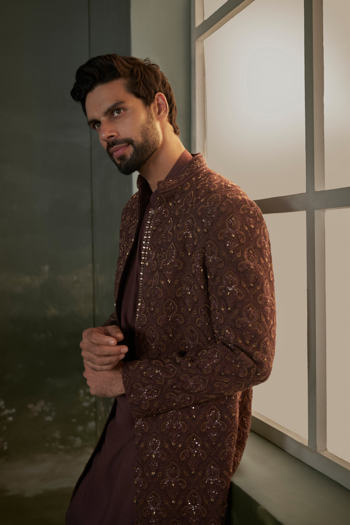 Chocolate brown embroidered short sherwani Set