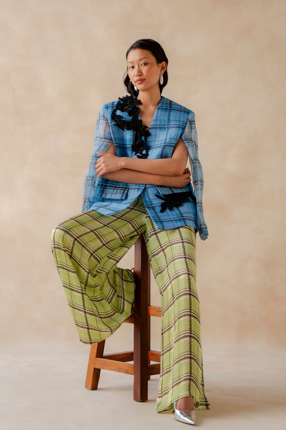Plaid Embroidered Blazer With Pants