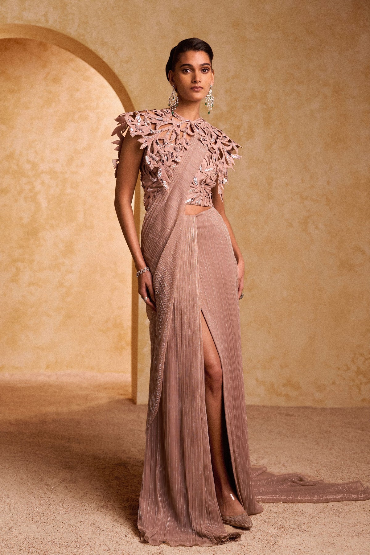 Claret Beige Draped Saree Set