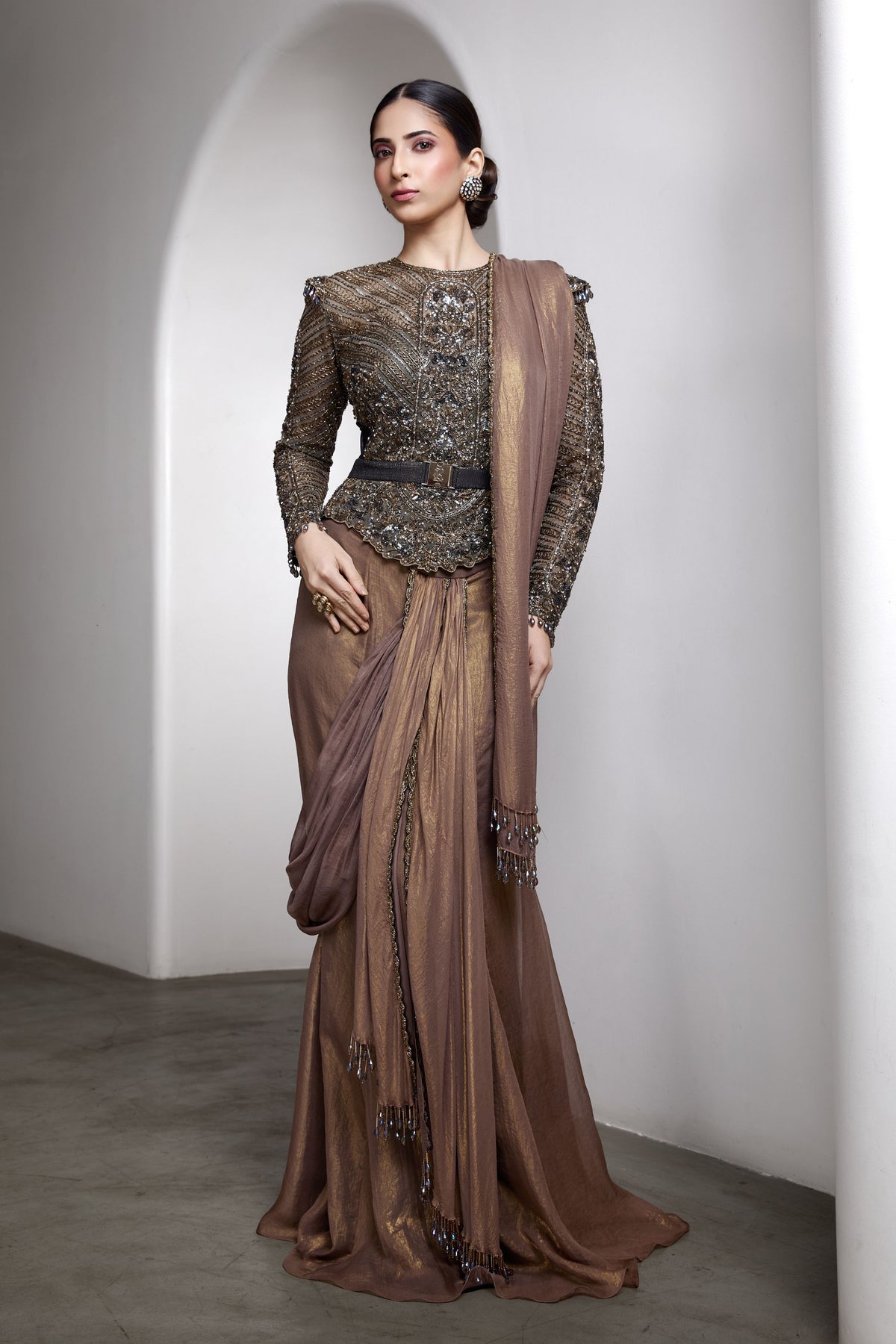 Embellished Nude Saree Set