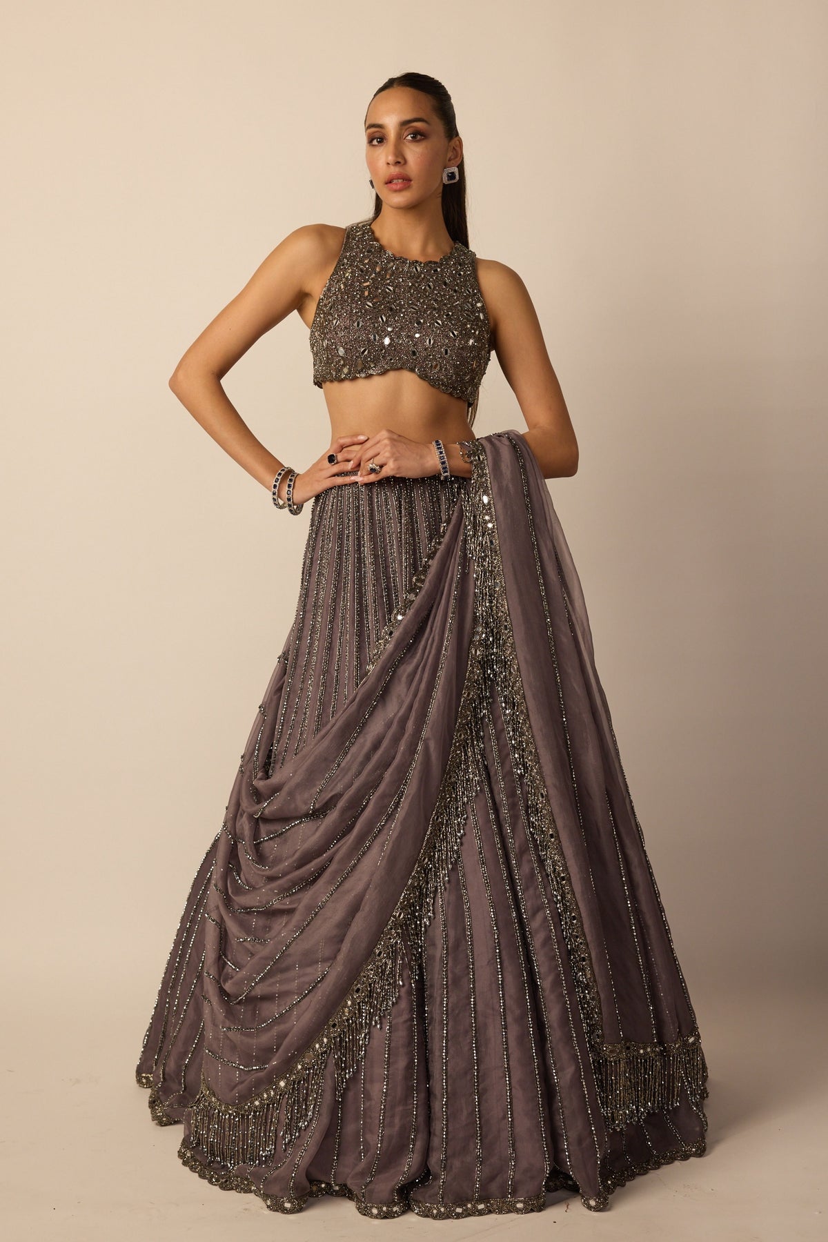 Metallic Grey Linear Lehenga Set