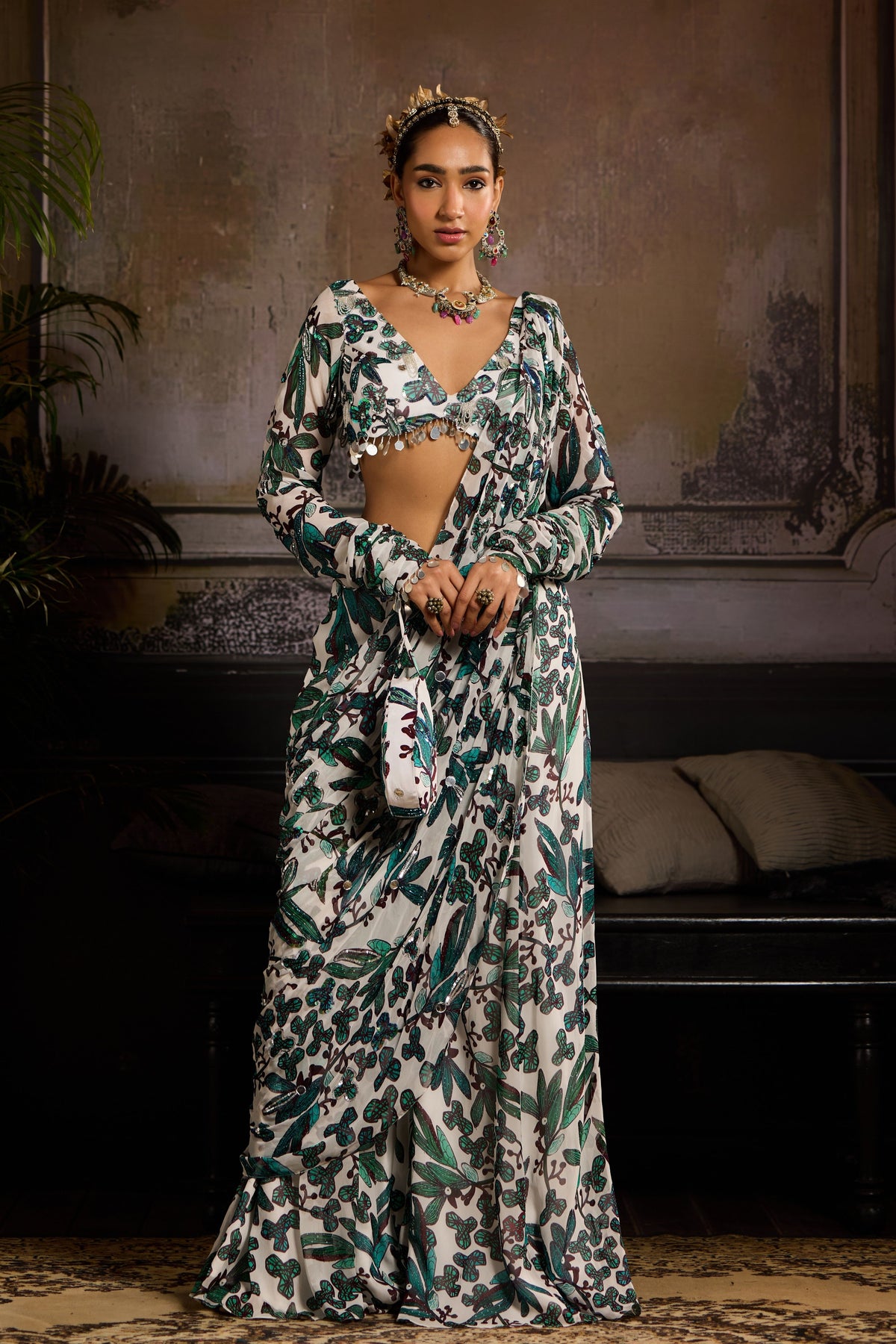 Teal Leaf Draped Saree Set