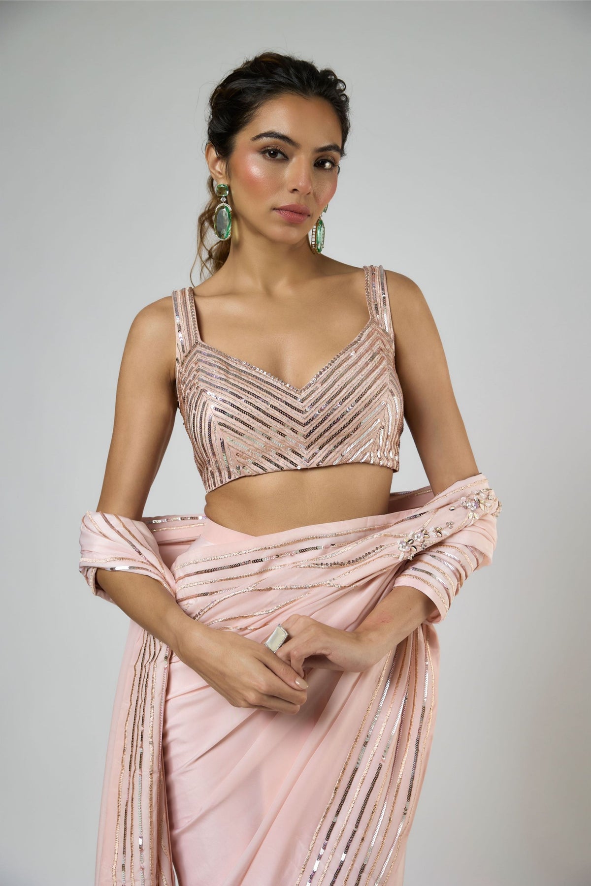 Peachy Pink Draped Saree Set