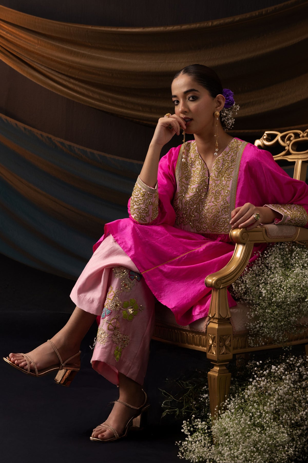 Bright Pink 3D Embroidered Co-ord Set