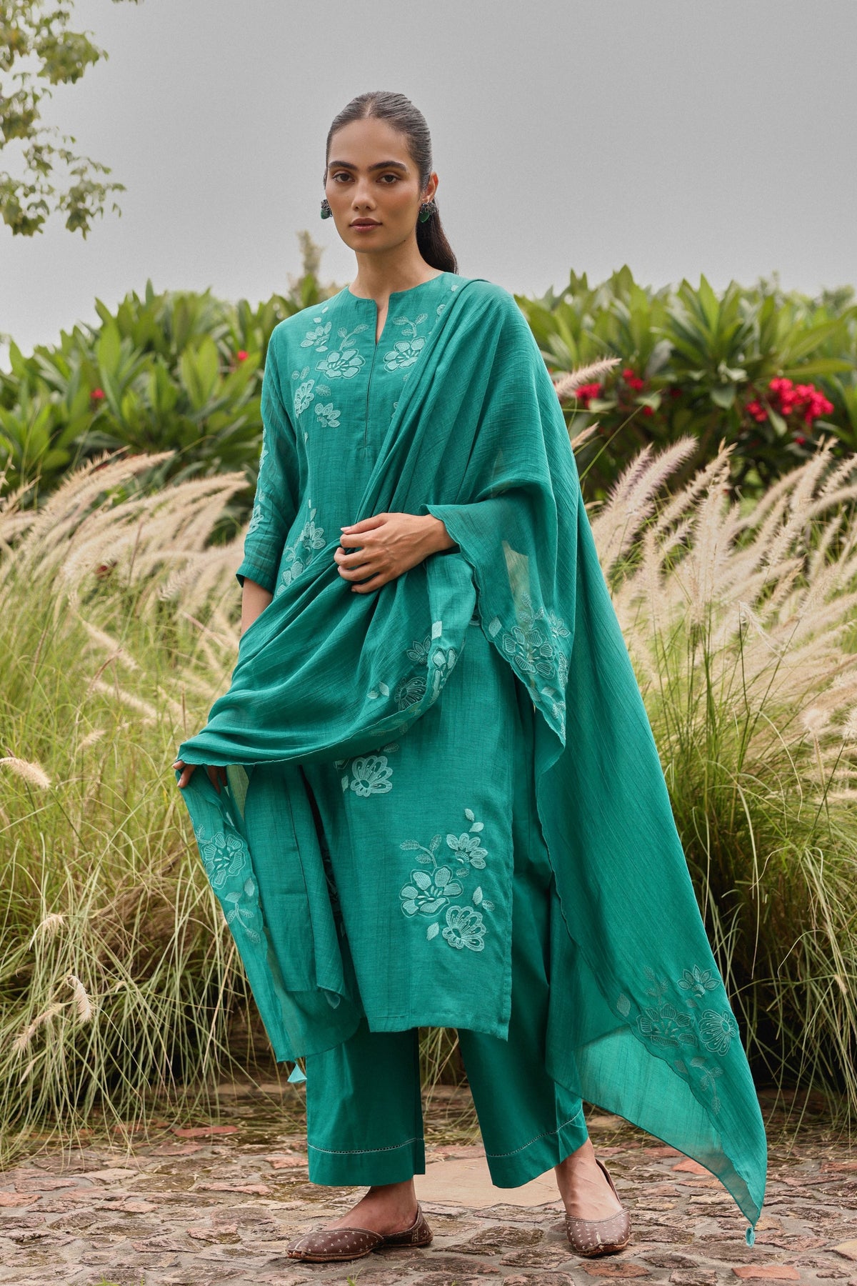 Teal Applique Embroidered Kurta Set
