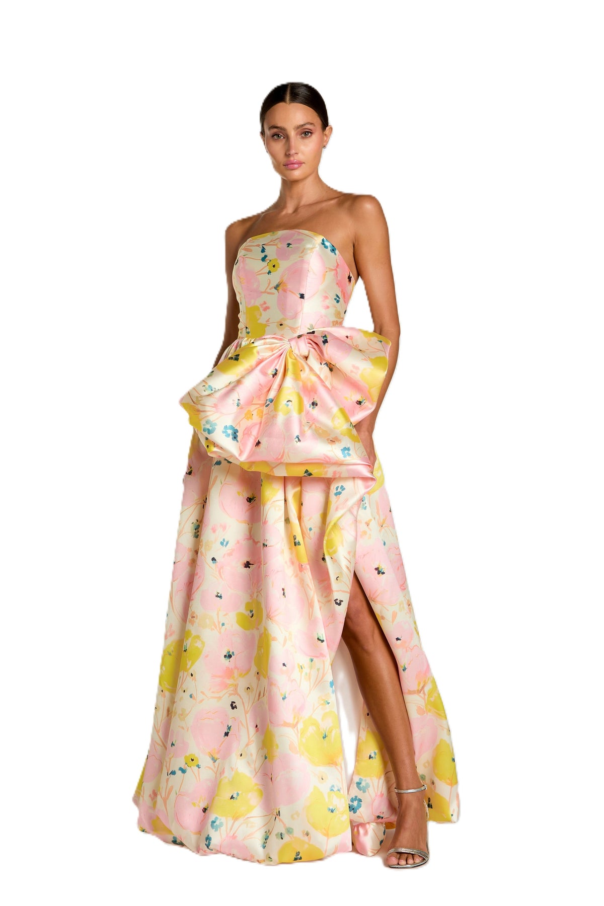 Floral Bow High Slit Ball Gown