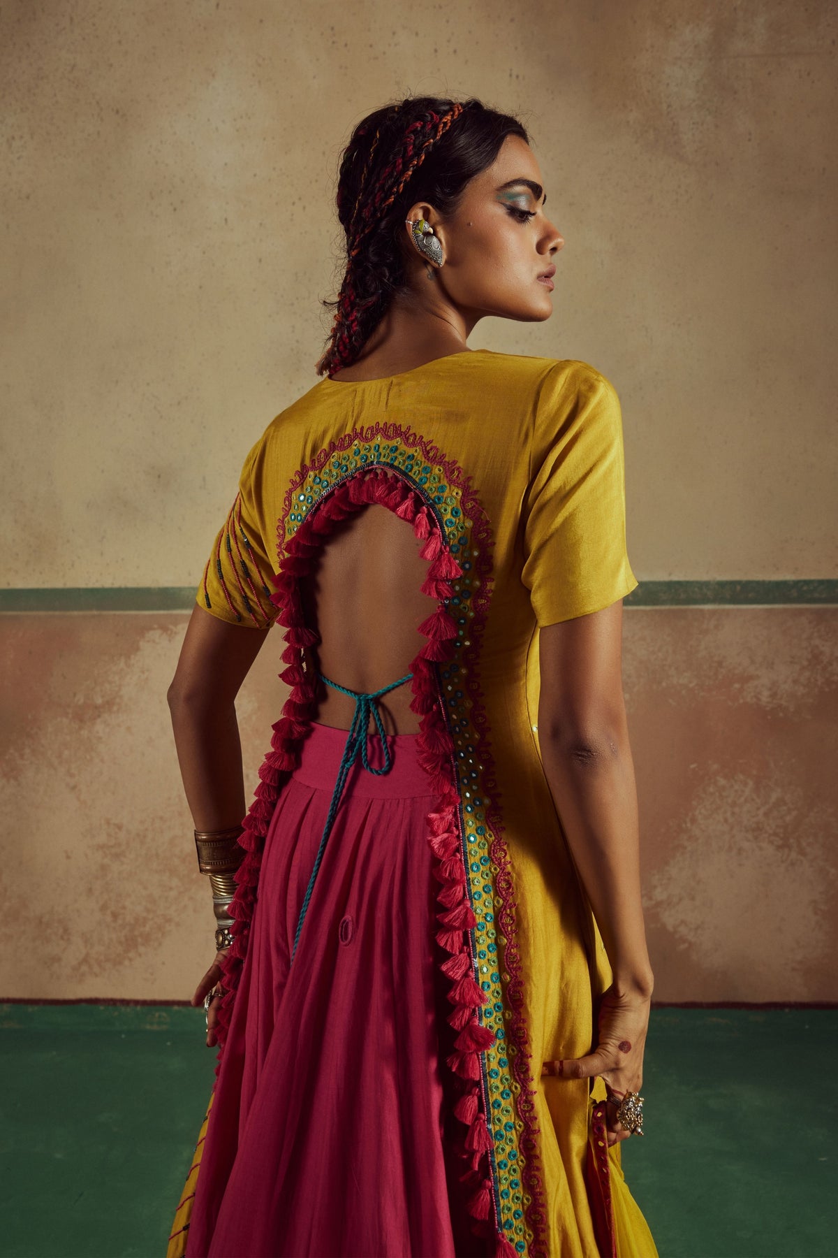 Backless Yellow  Kurta Skirt Set