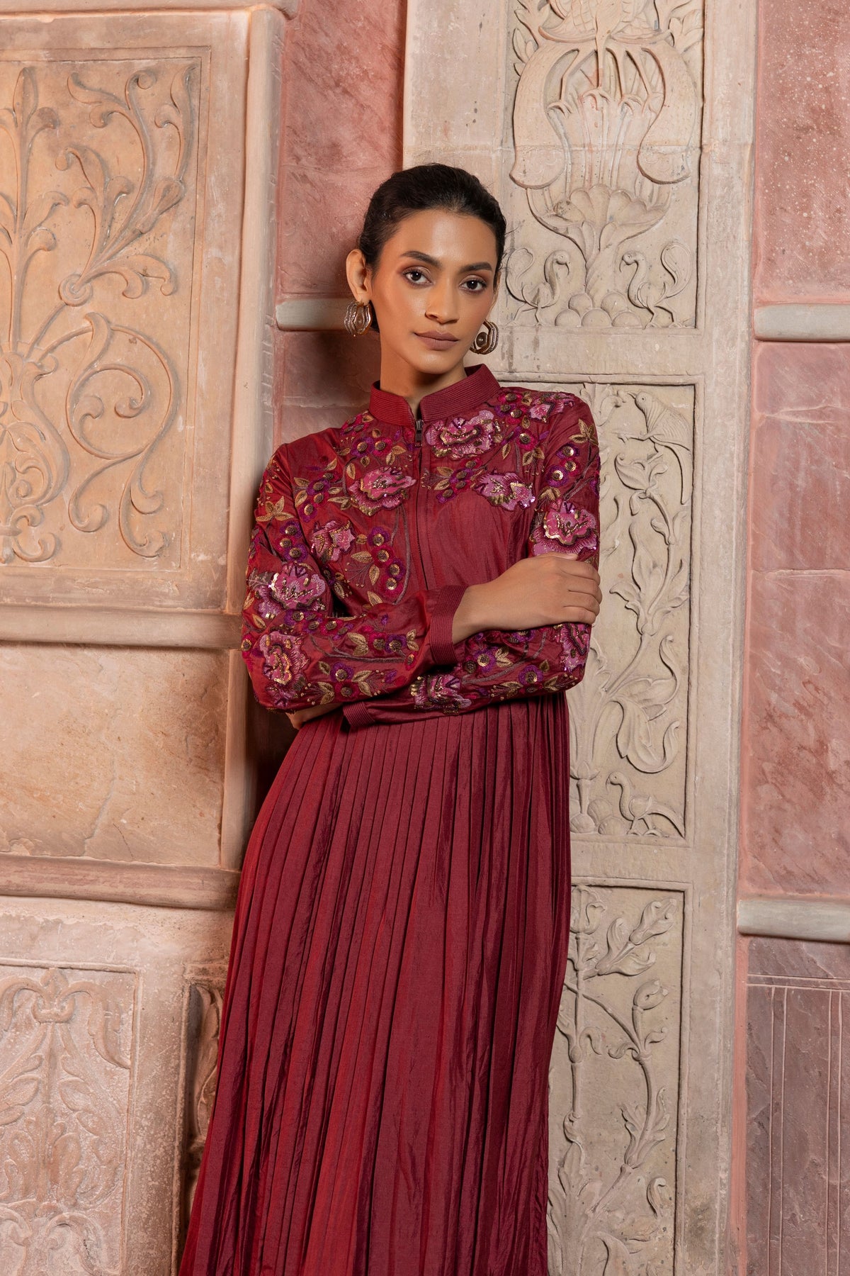Maroon Pleated Maxi Dress