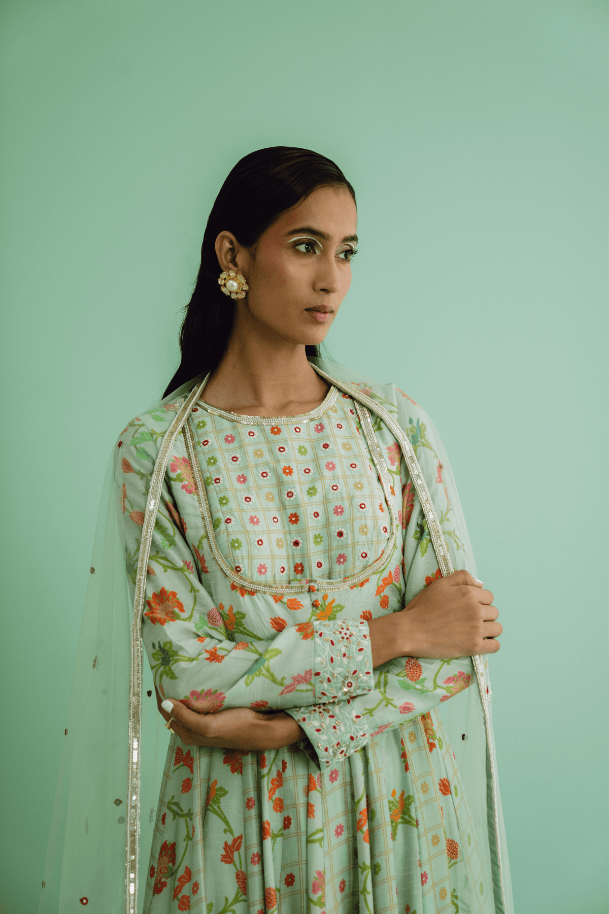 Green Mix Print Yoke Anarkali Set