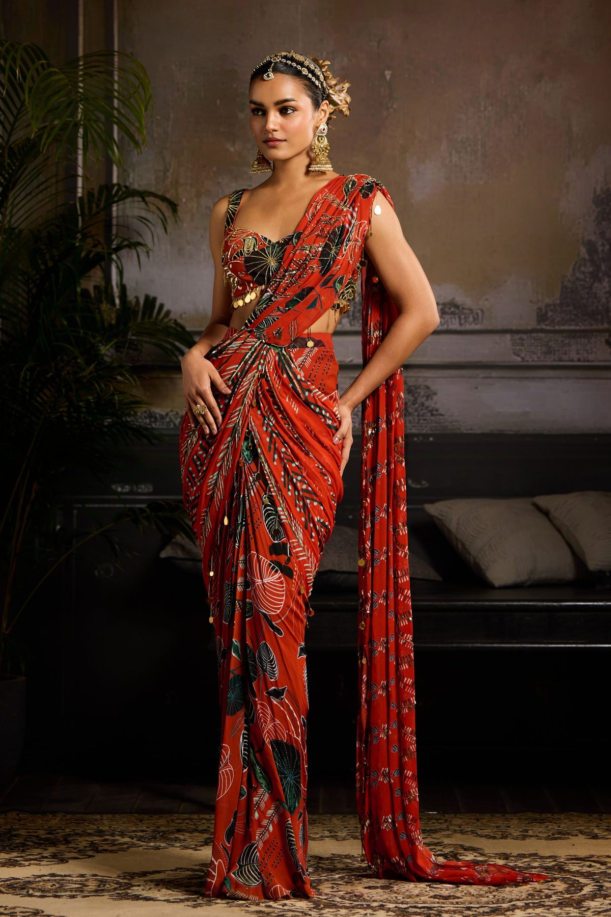 Rust Printed Draped Saree Set