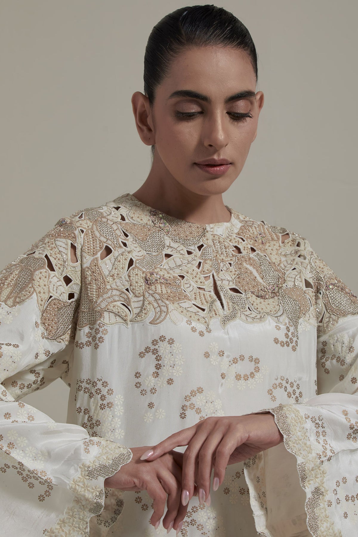 Ivory Cutwork Yoke Kaftan