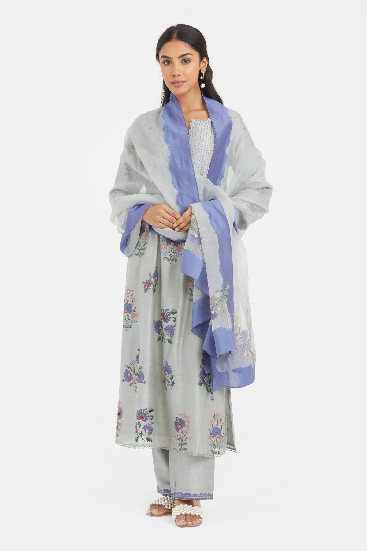 Chanderi Bluish Grey Kurta Set