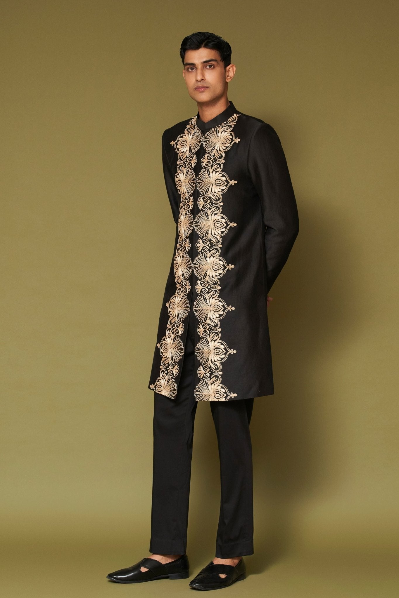 Black and Beige Sherwani Set - Devnaagri Menswear - Elahe