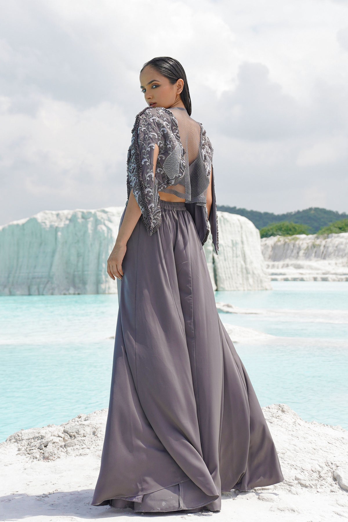 Blue Embroidered Jacket Set