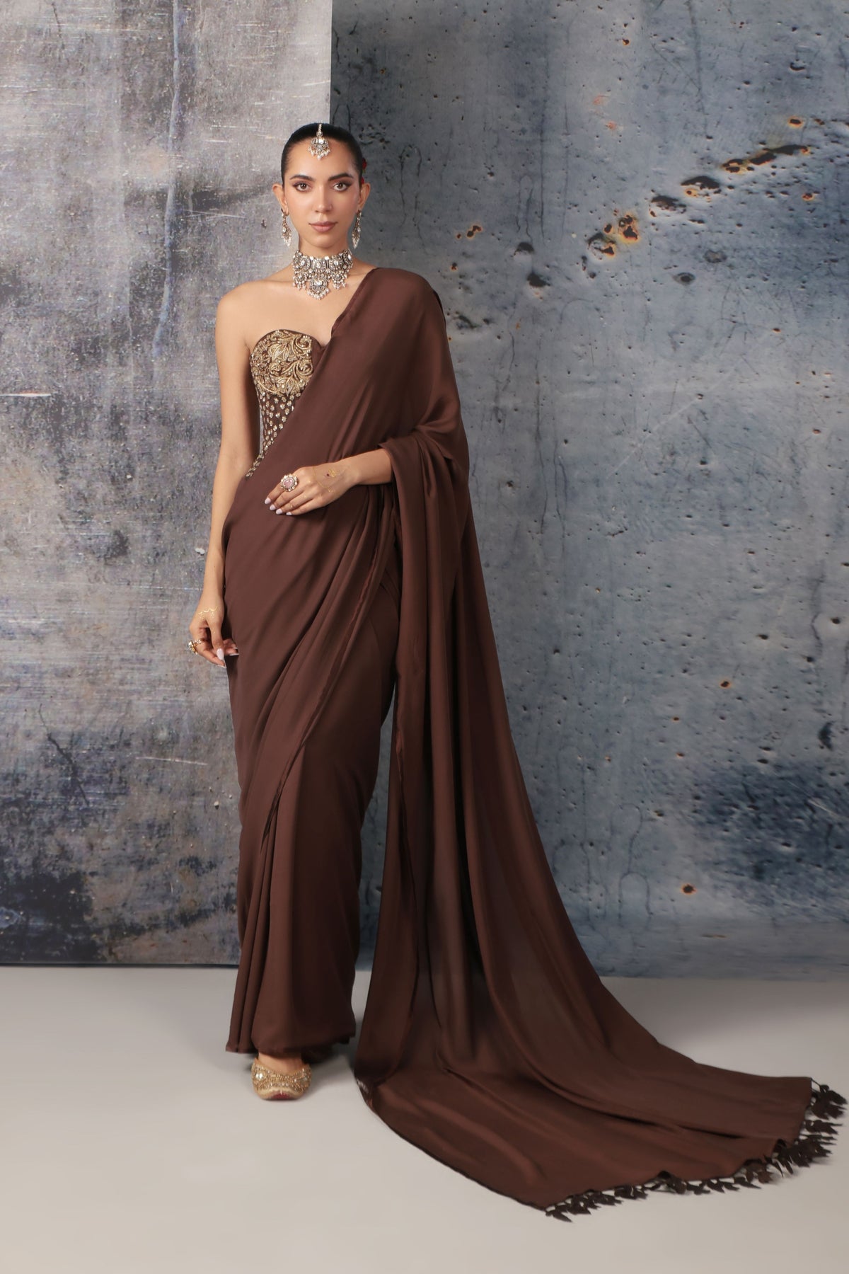 Brown Corset Saree Set