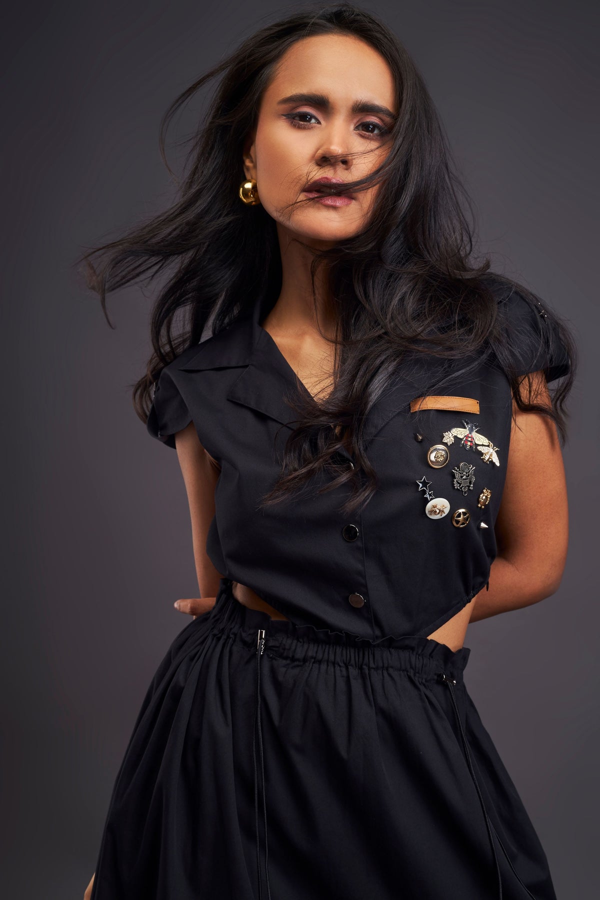 Lapel Collar Black Long Dress