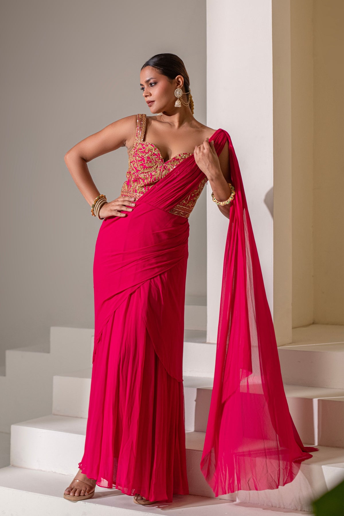 Fuchsia Pink Corset Saree Set