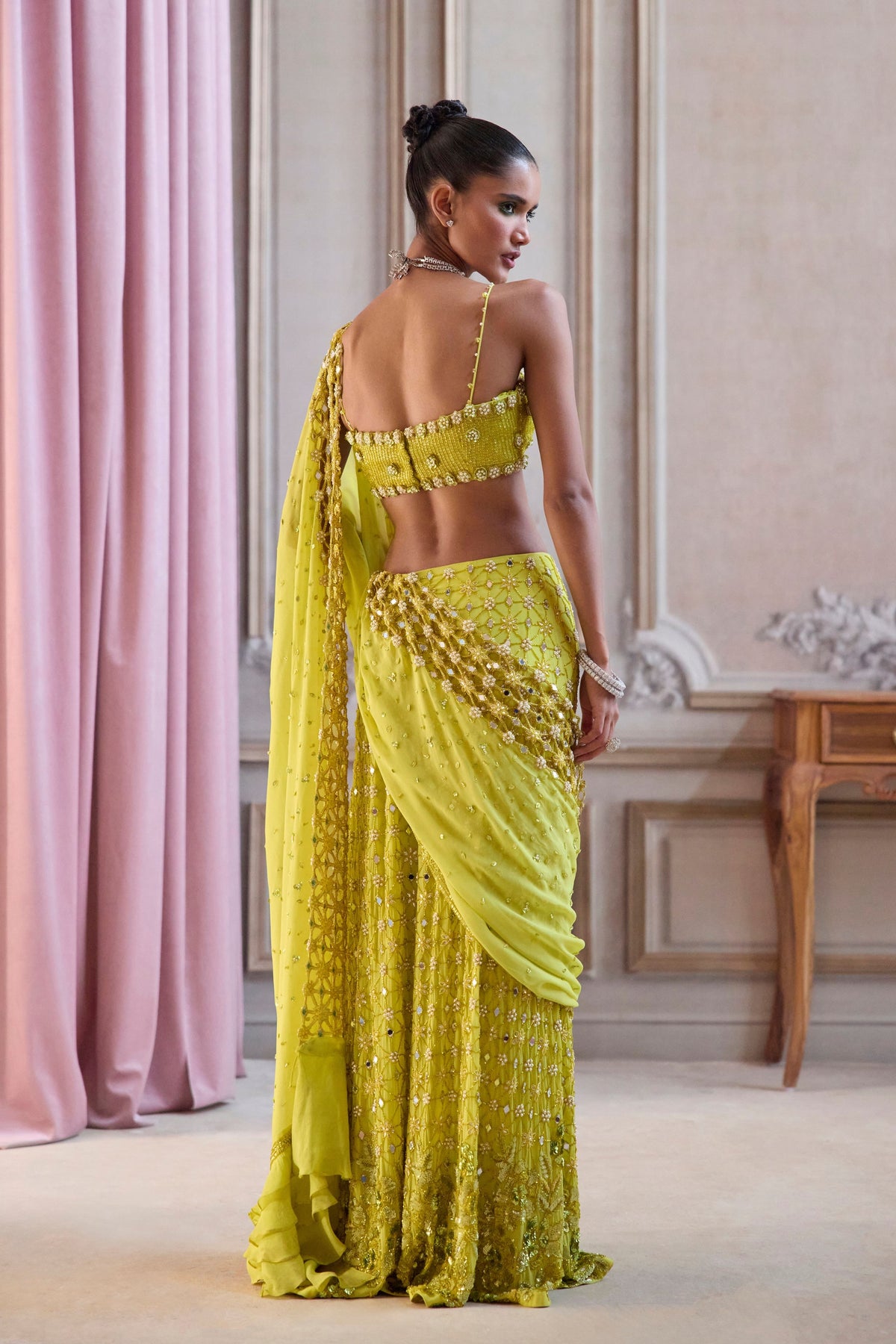Neon Green Slit Saree Set