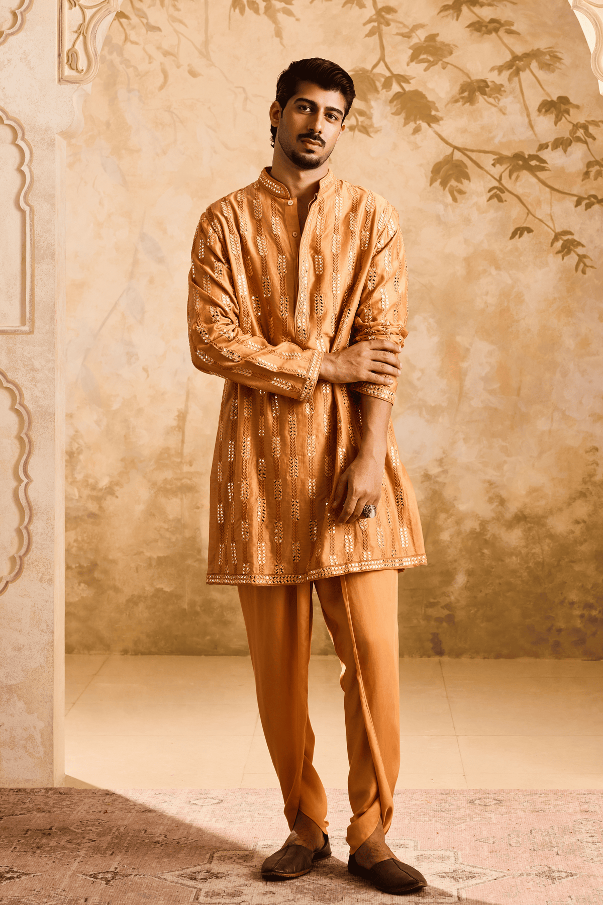 Embroidered Rust Kurta Dhoti Set