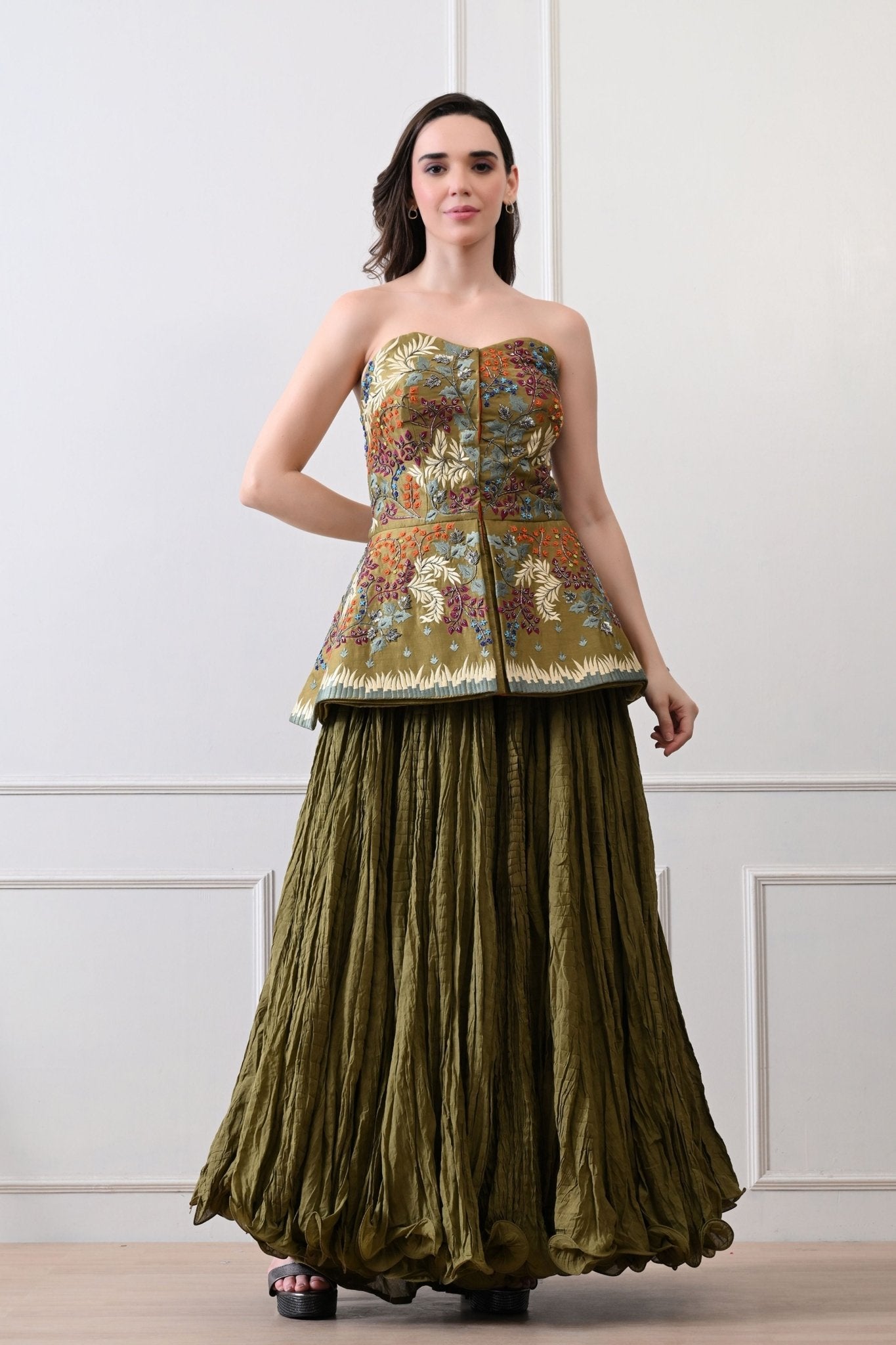 Olive Strapless Peplum Skirt Set - Samant Chauhan - Elahe