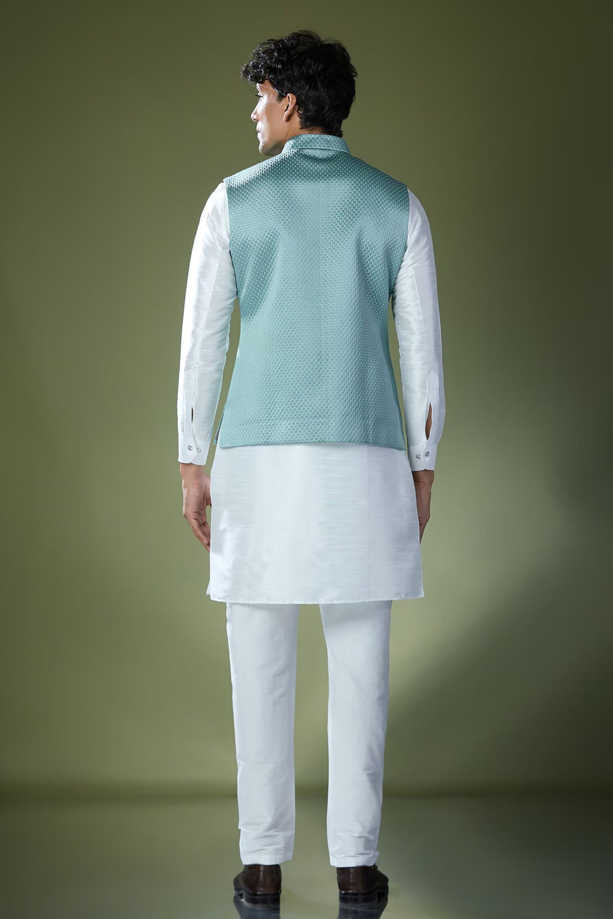 Teal Blue Quilted Nehru Jacket Set