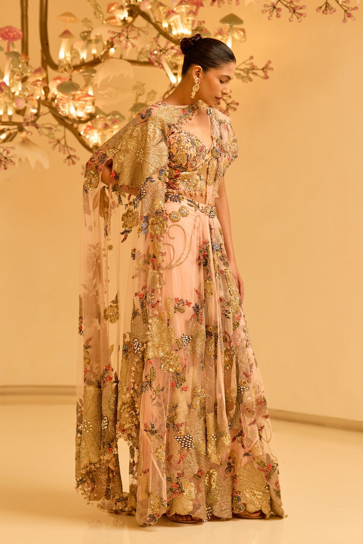 Botanical Draped Saree With Cape