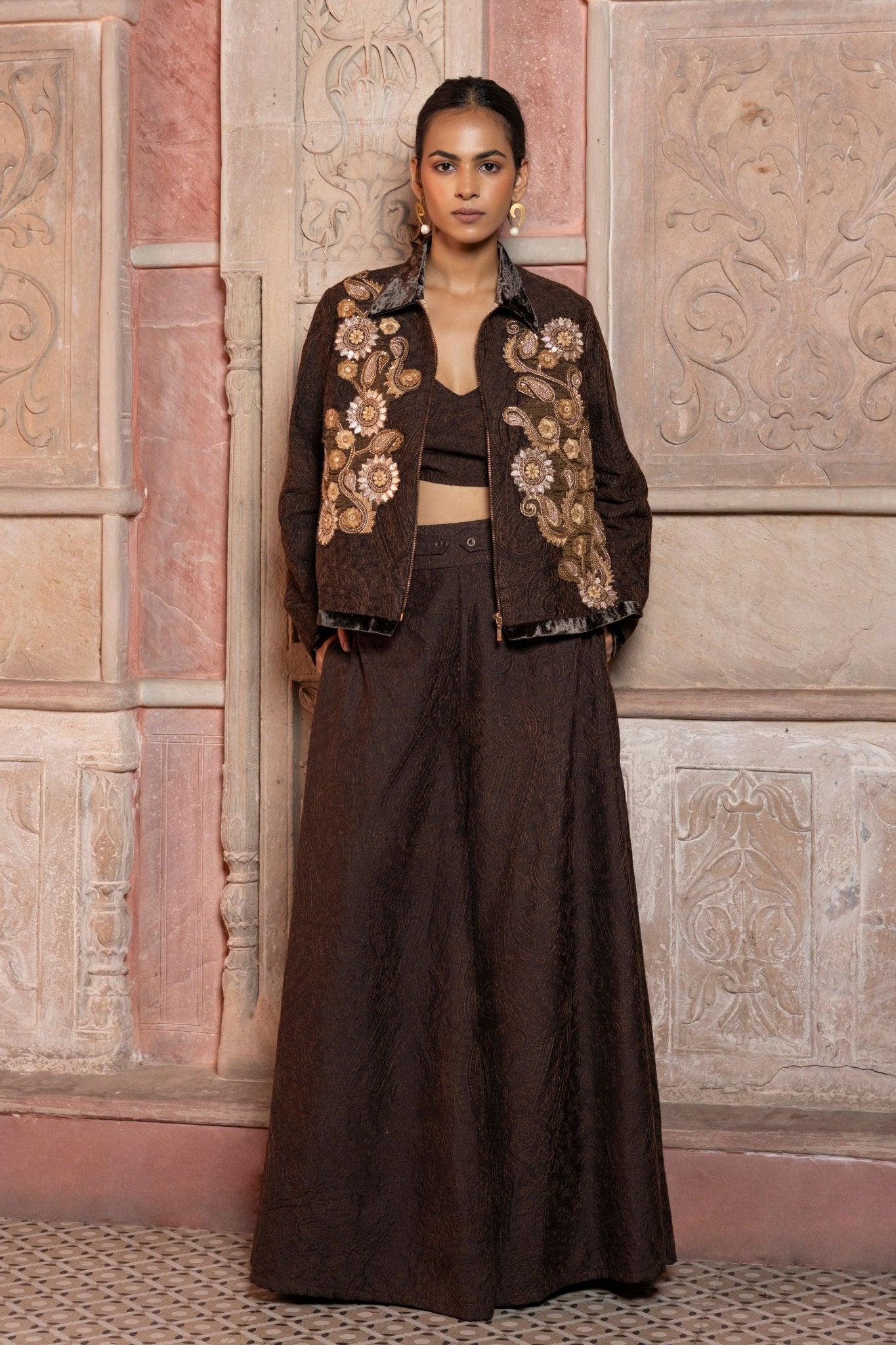 Brown Embroidered Jacket Set - Pinnacle by Shruti Sancheti - Elahe