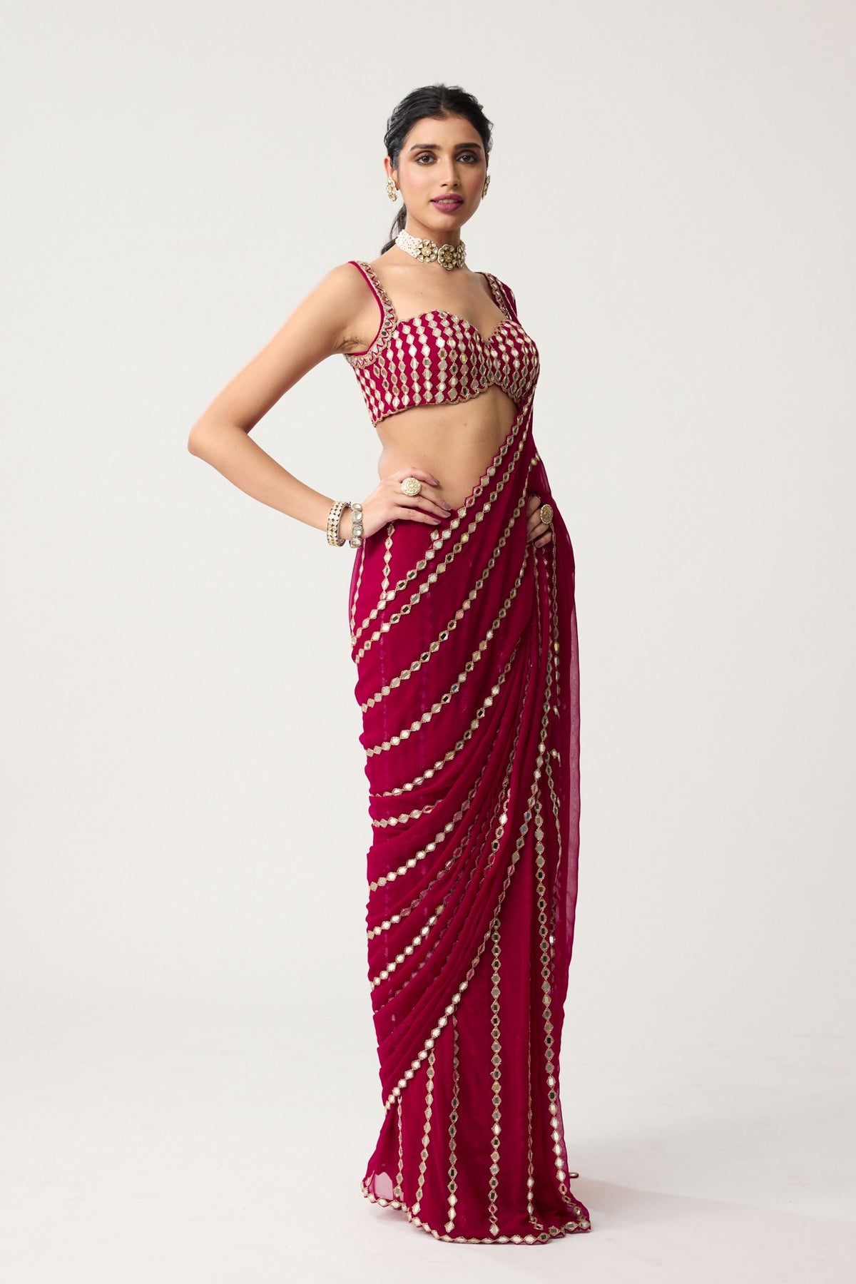Ruby Red Draped Saree Set