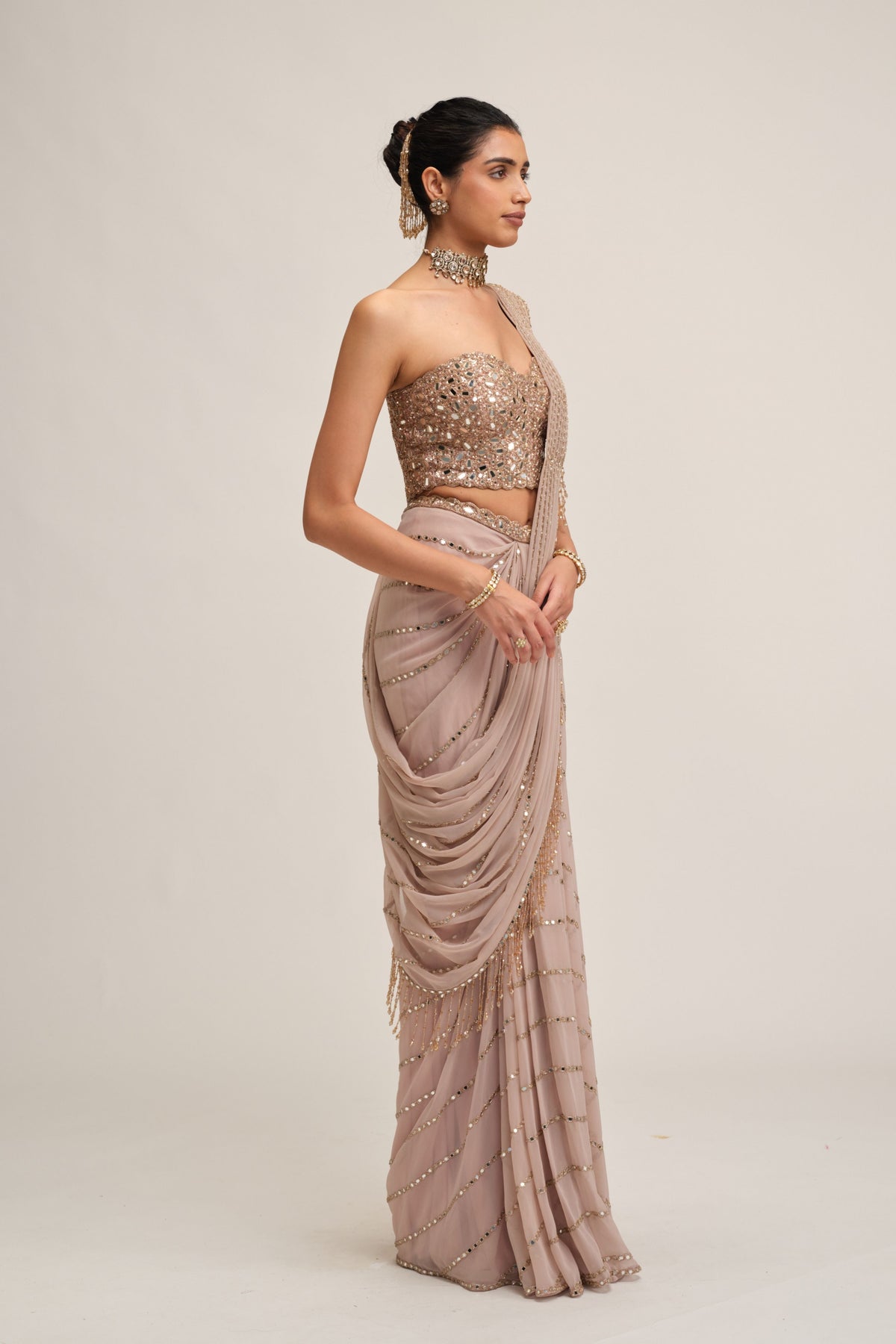 Ash Embroidered Saree Set