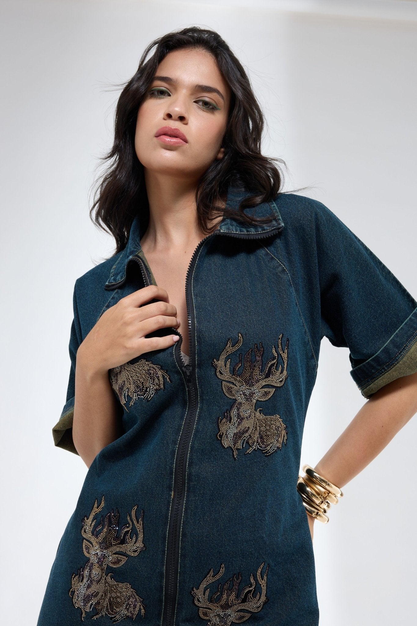 Denim Reindeer Motif Dress - Krati Jain - Elahe