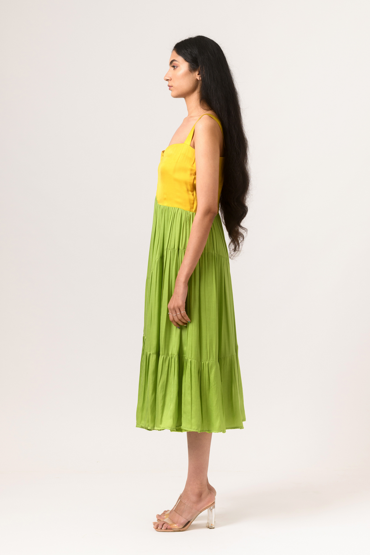 Yellow green asymmetrical gather dress