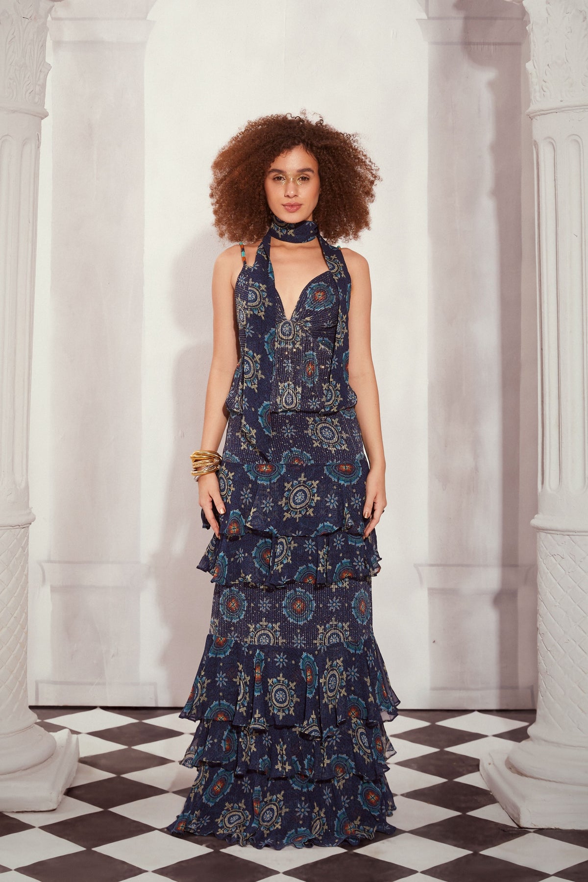 Blue Mosaic Layered Maxi Dress