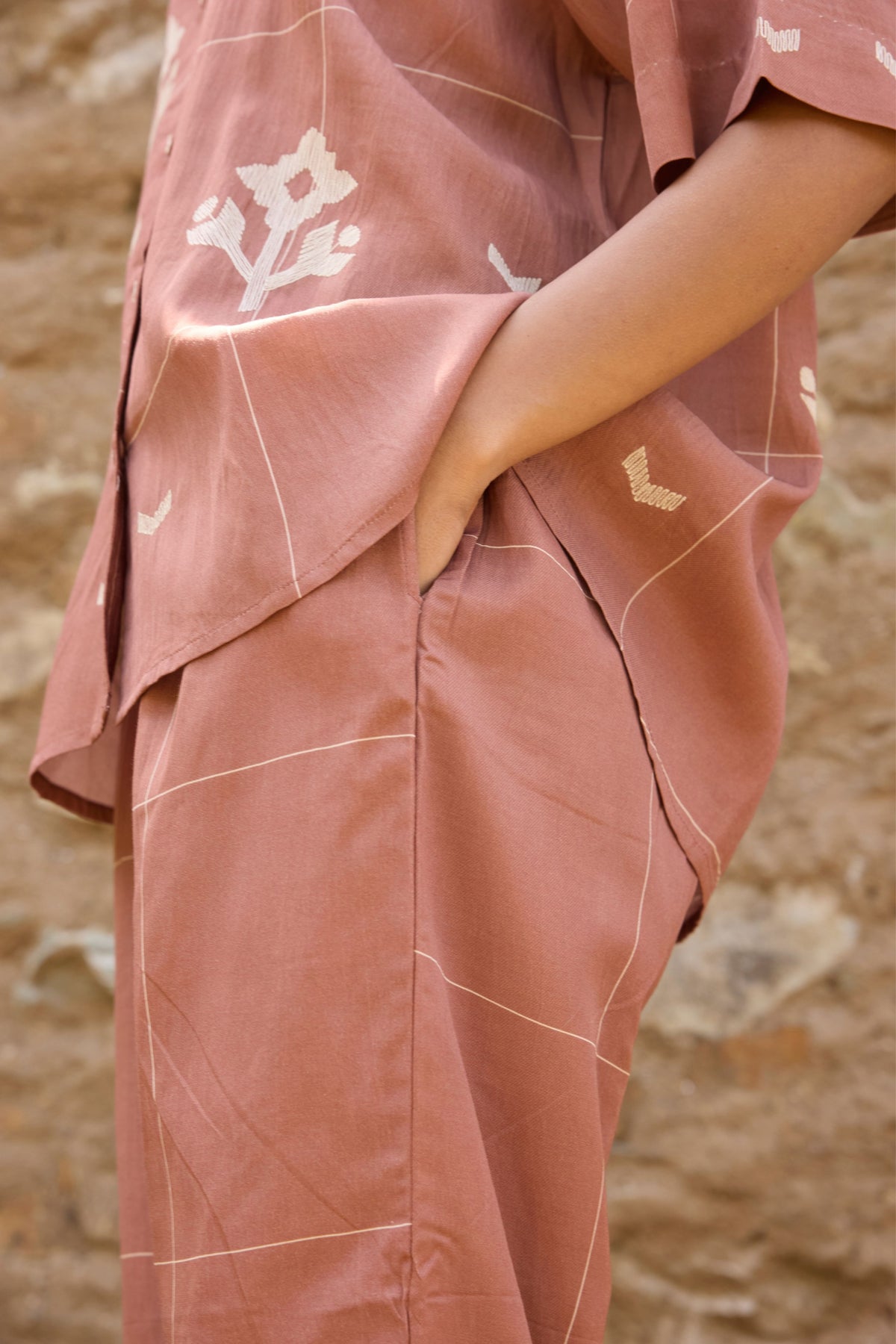 Brown Embroidered Drop-shoulder Shirt