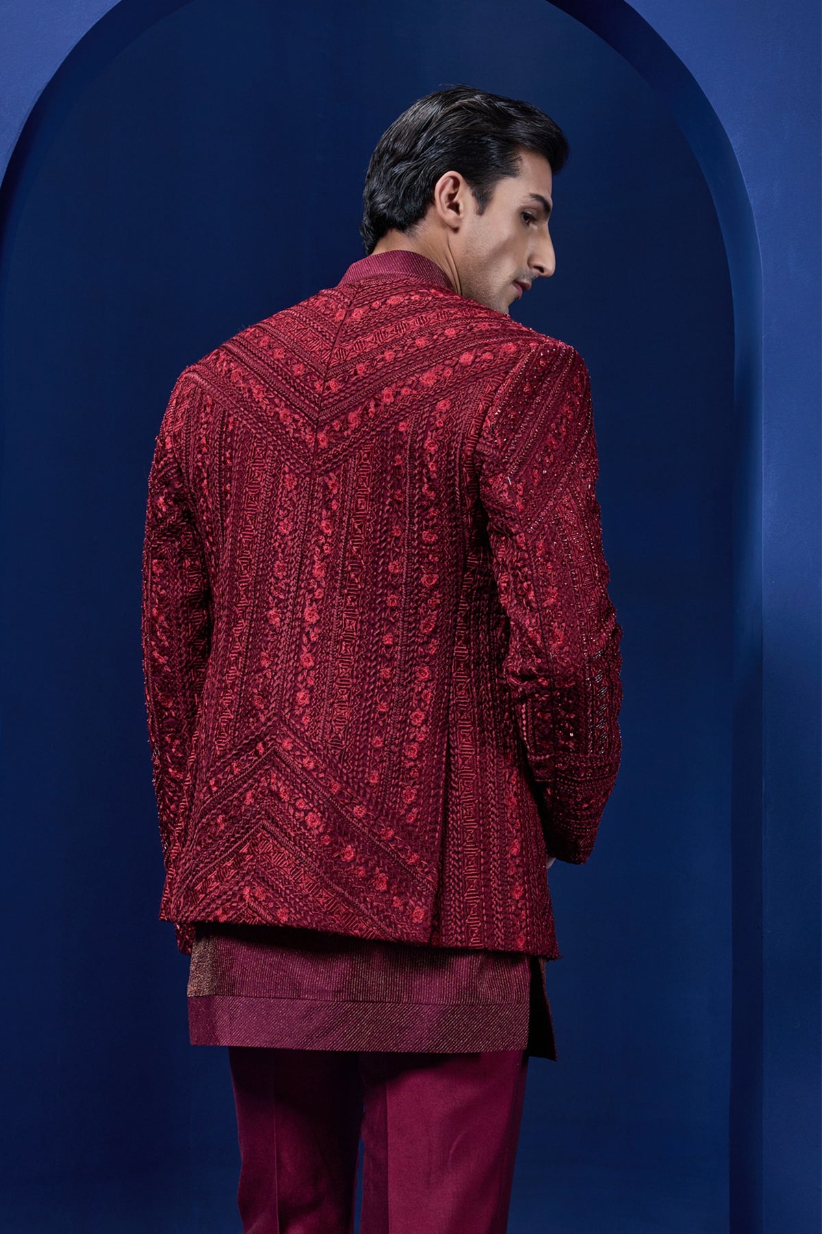 Wine Pearl Bandhgala Set