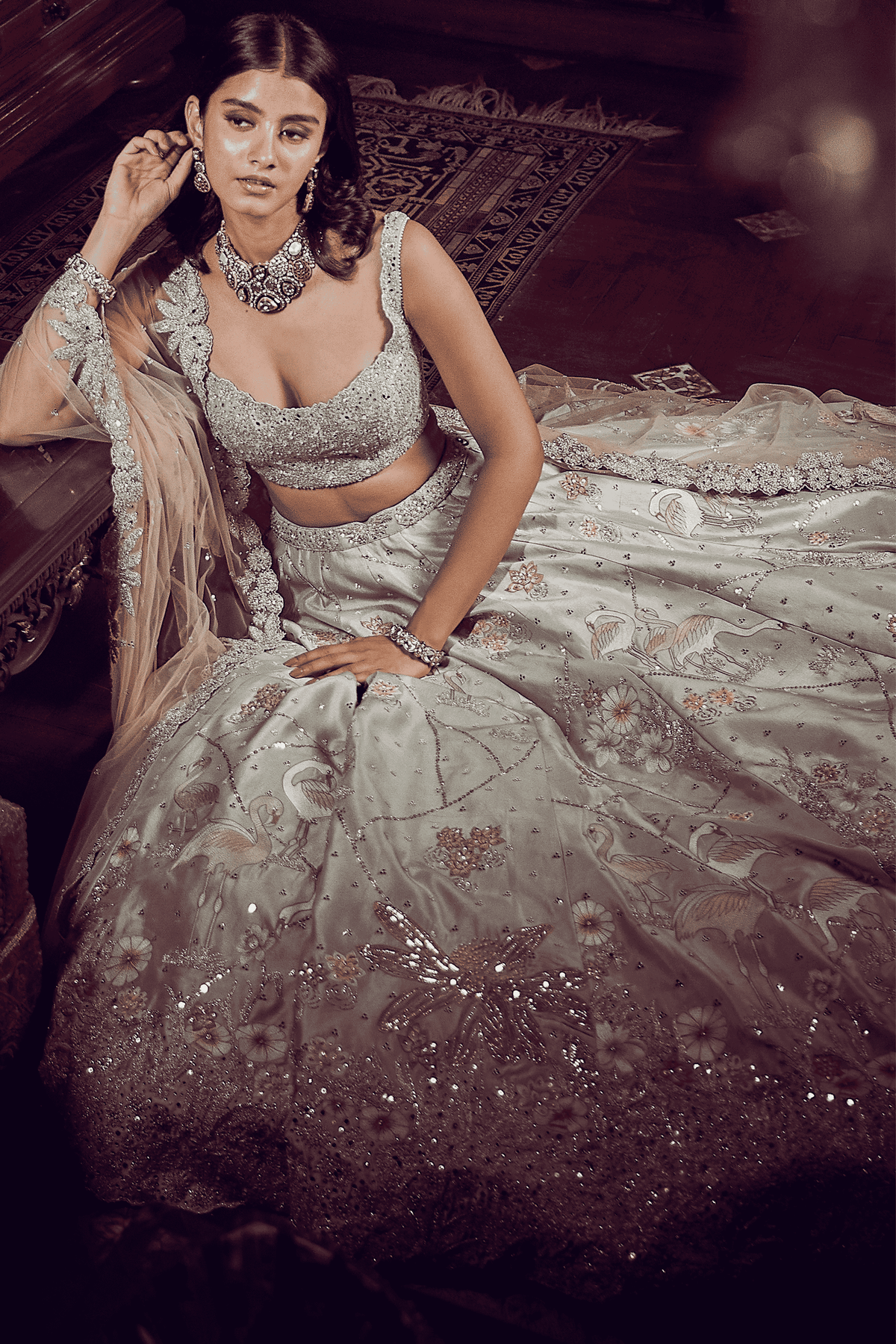 Ice Blue Flamingo Landscape Lehenga Set