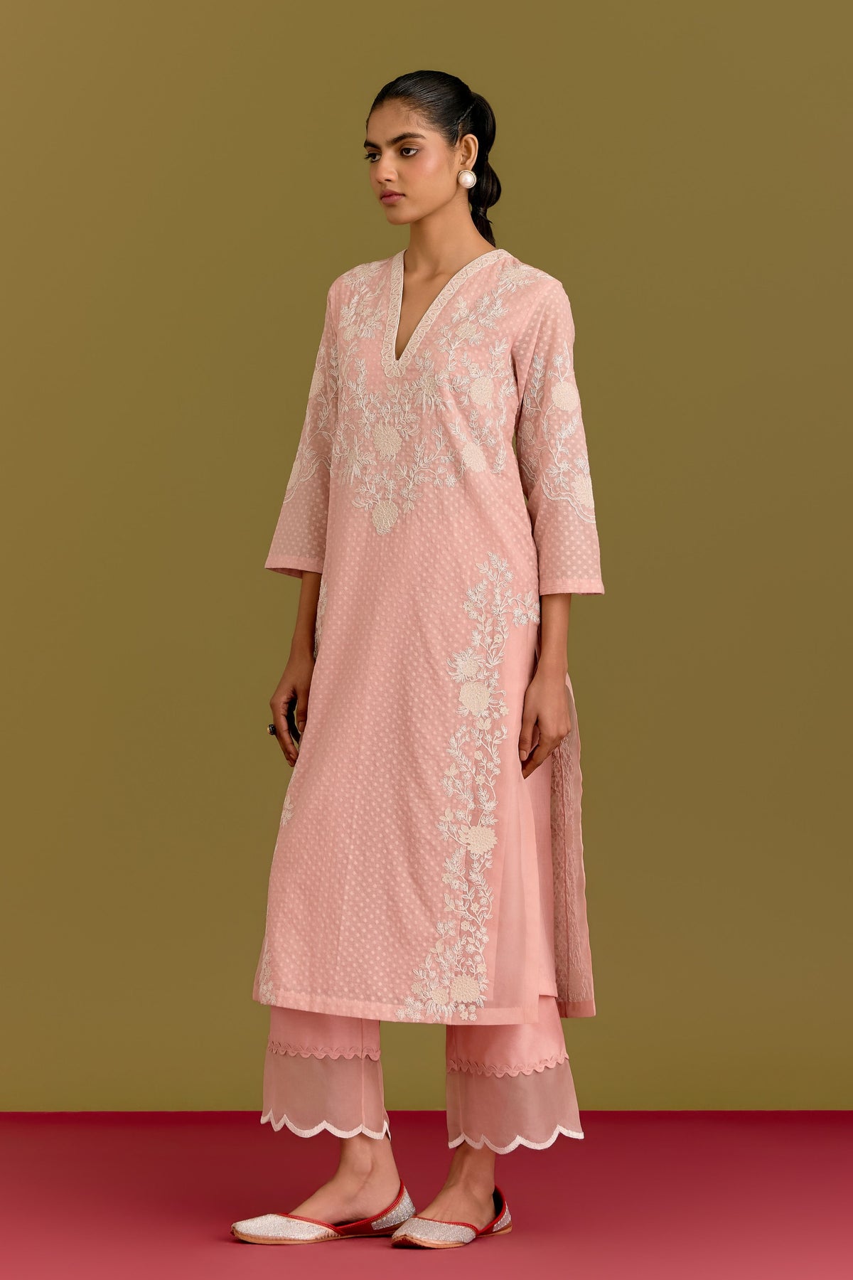 Pink Woven Kurta Set