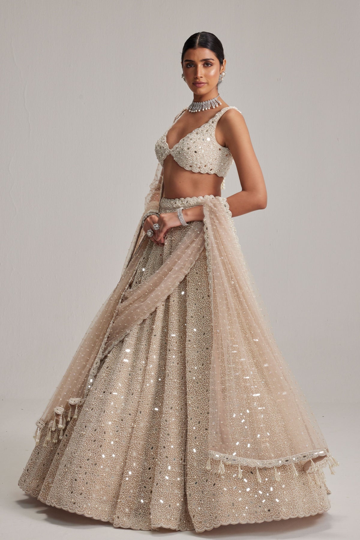 Light Beige Mirror and Pearl Lehenga Set