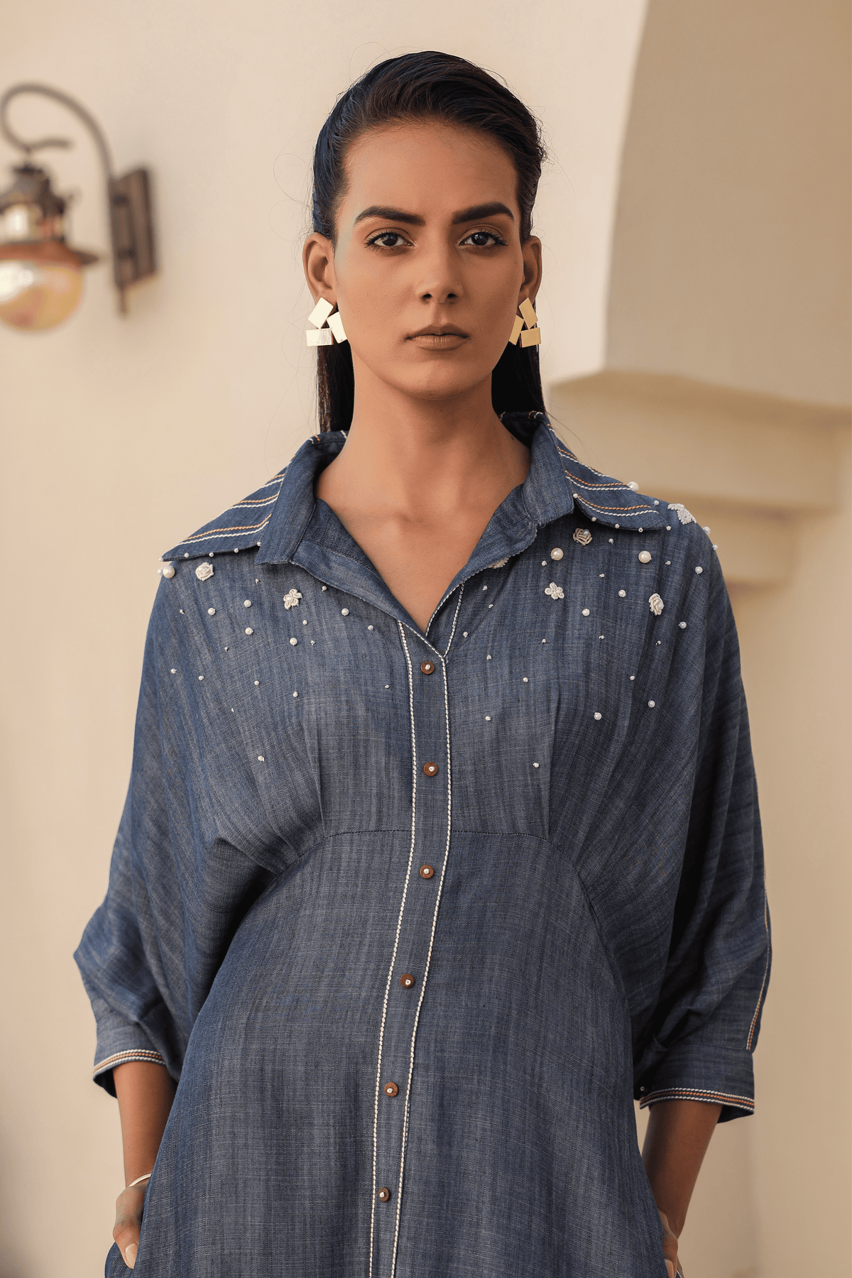 Azure Pearl Kaftan Dress in Dark Blue