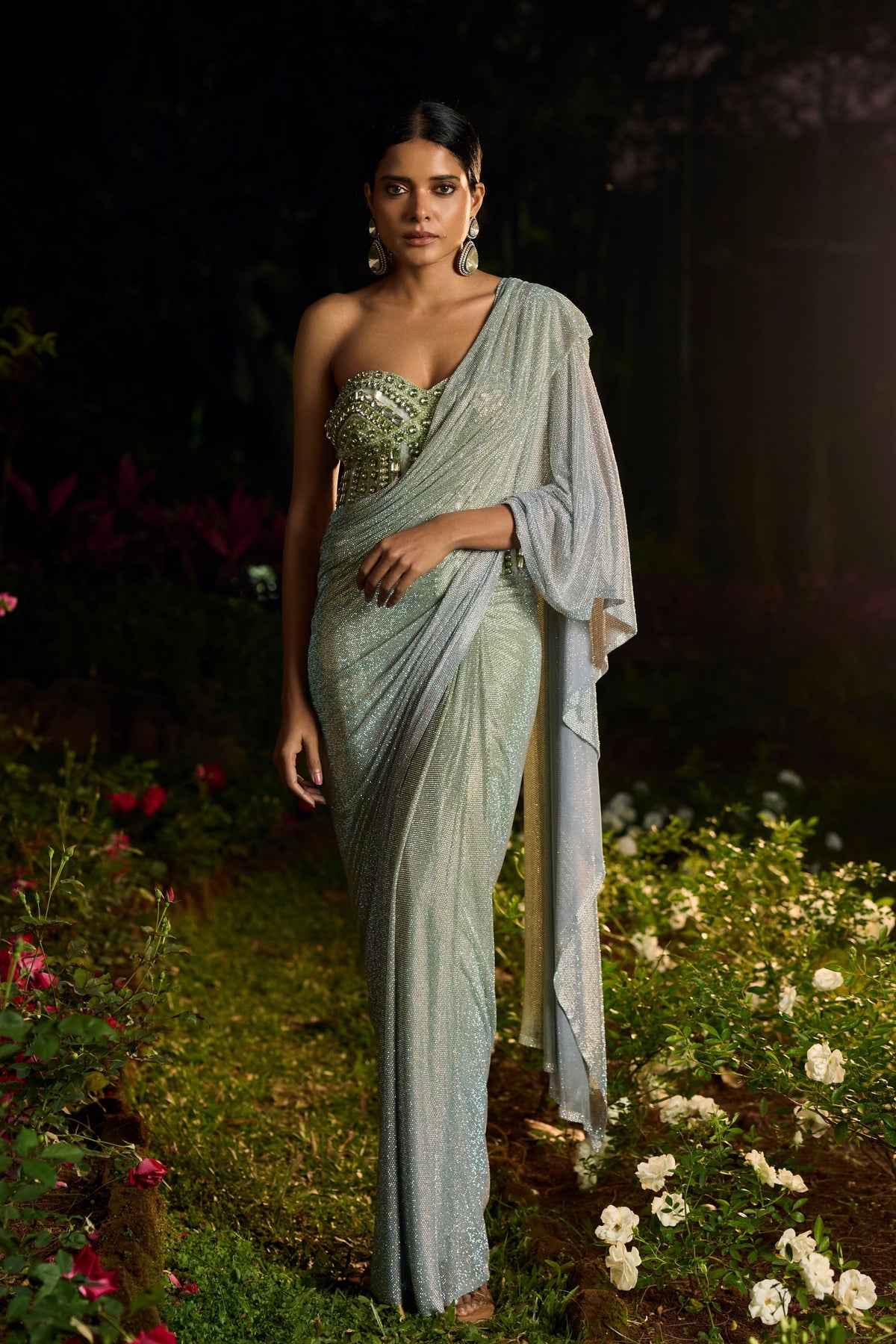 Pista Noor Crystal Draped Saree Set